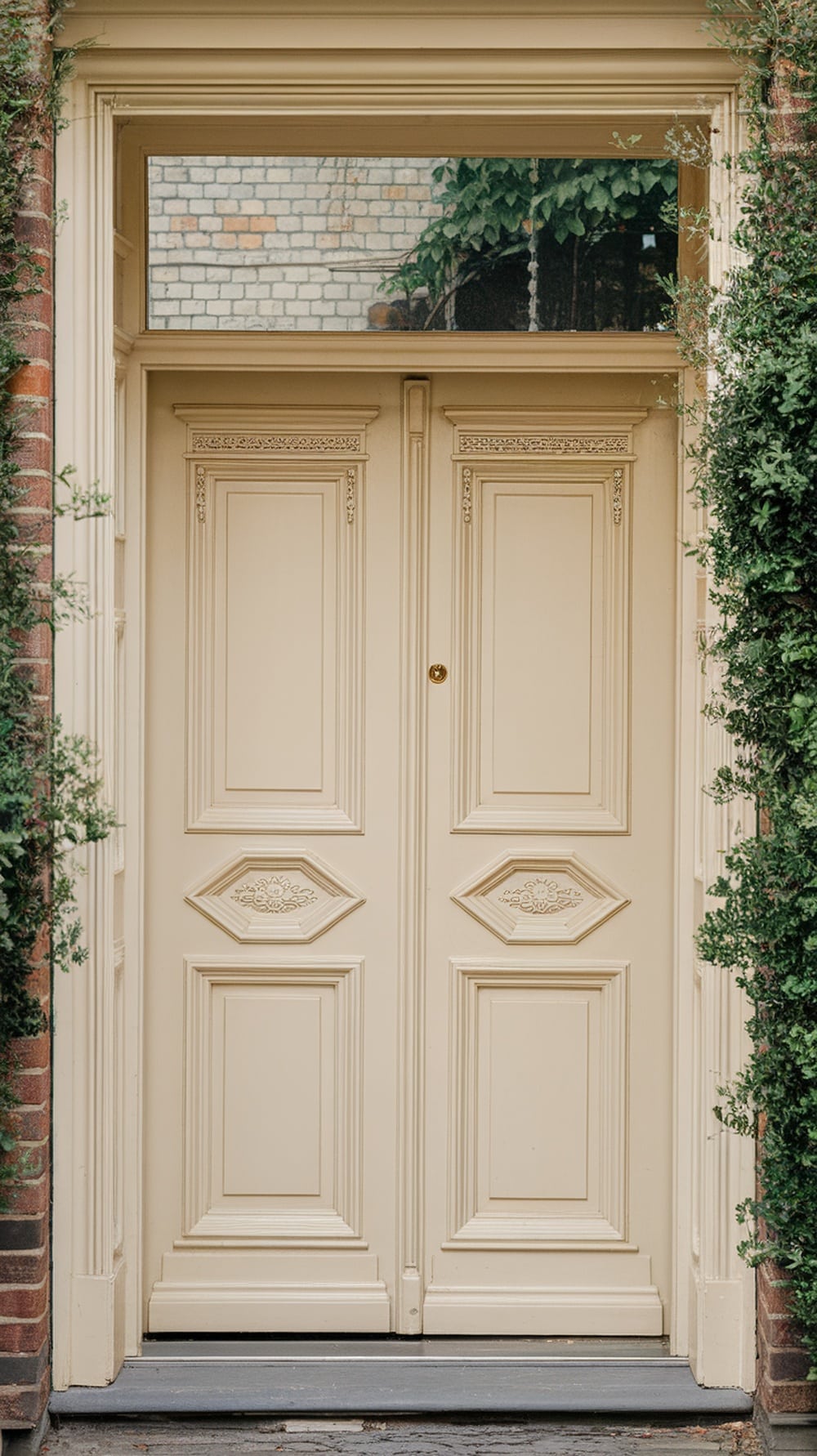 Classic cream front door with intricate paneling and surrounding greenery