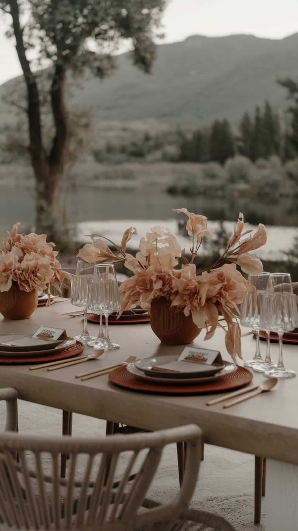 A dining table set with peach flowers in a terracotta vase, glassware, and woven placemats, surrounded by a natural landscape.