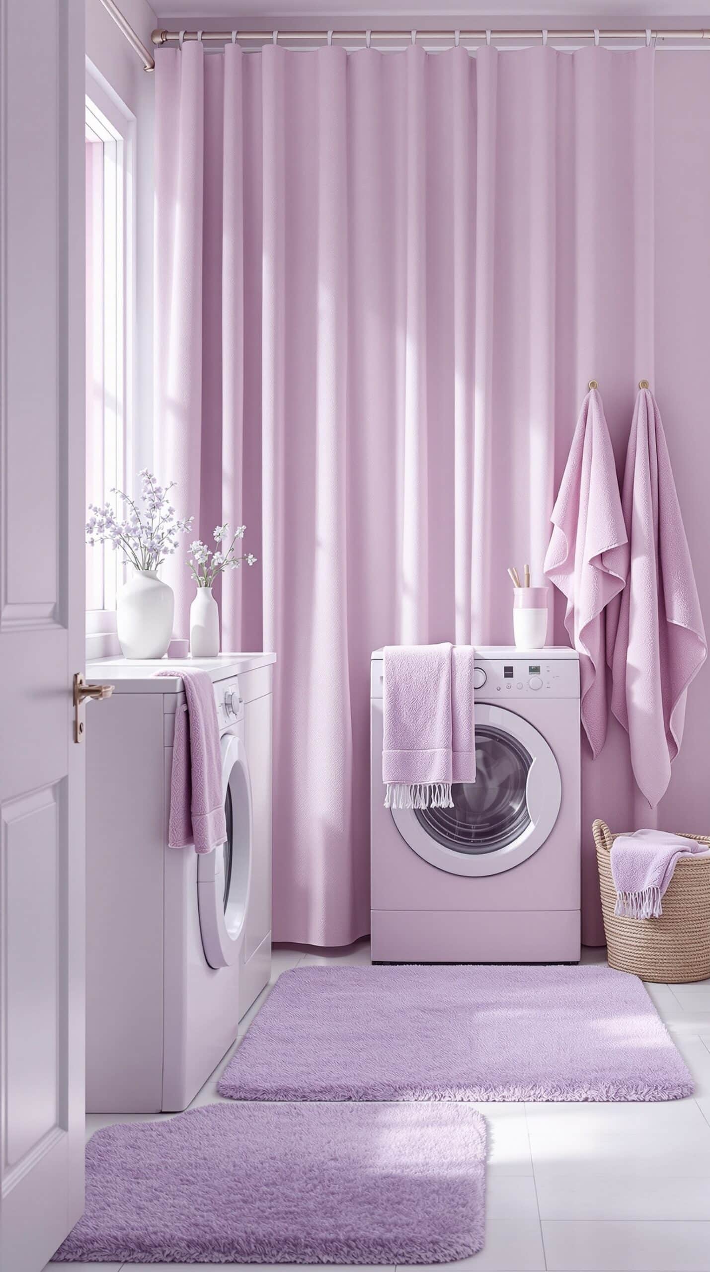 A cozy lavender-themed laundry room with curtains, towels, and rugs in soft shades of lavender.