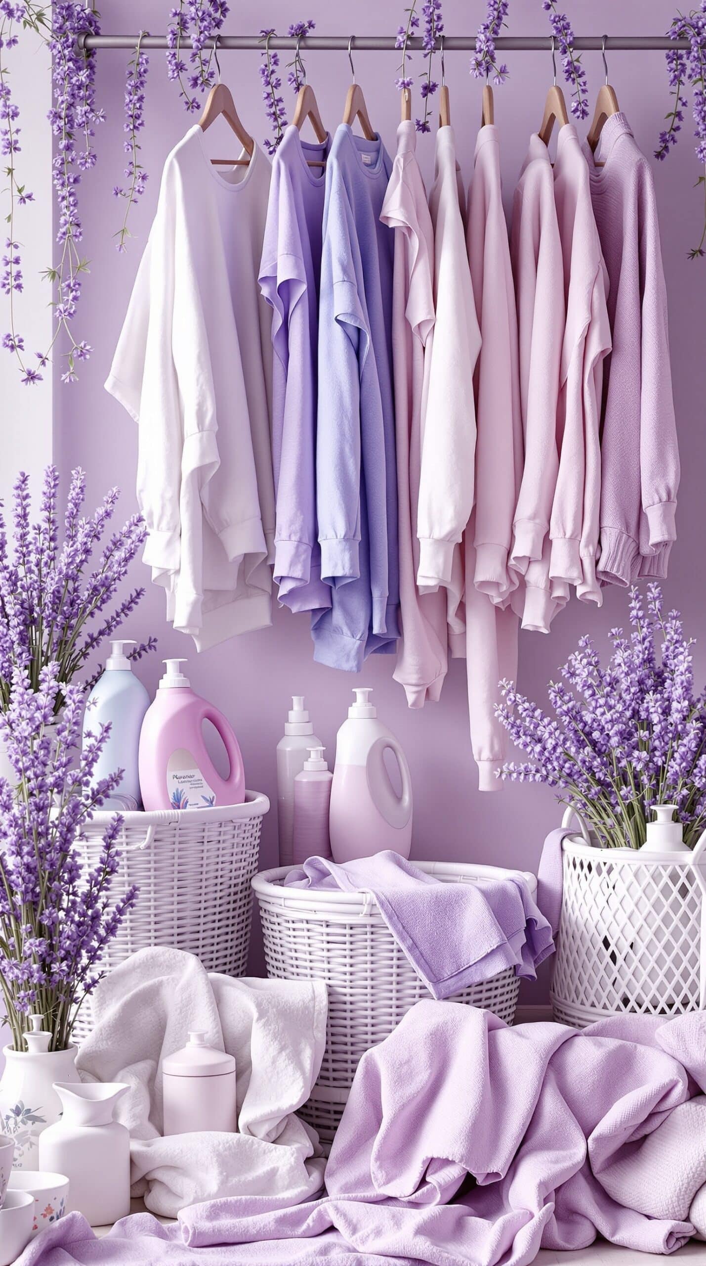 A serene laundry room featuring lavender-colored clothing, laundry accessories, and fresh lavender sprigs.