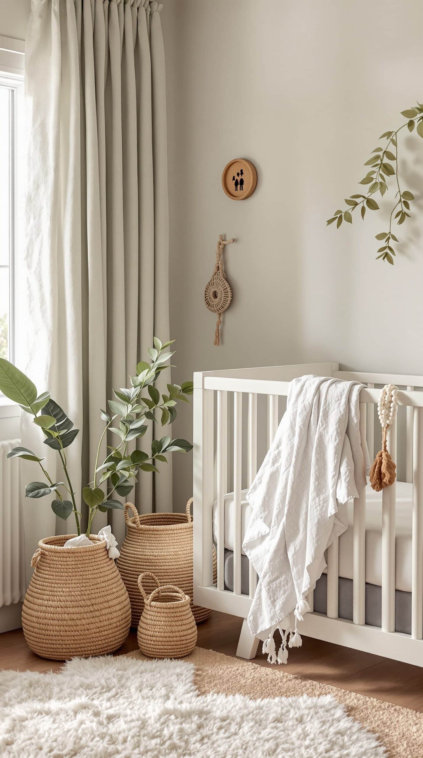 A serene nursery featuring soft textiles and natural fabrics, including a crib with a white quilt, woven baskets, and a plush rug.