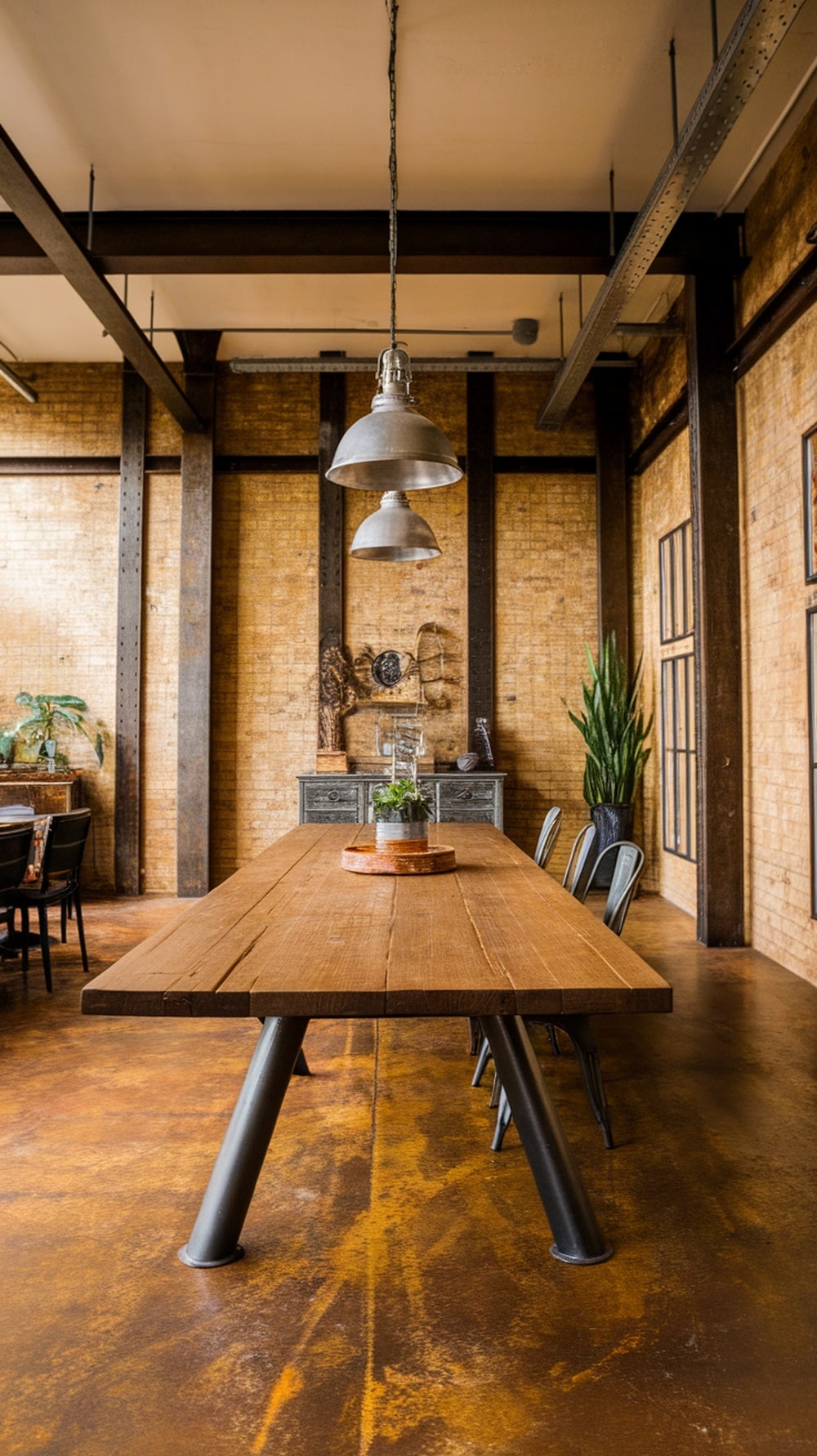 Dining room with a wooden table, metal legs, industrial pendant lights, and exposed brick walls.