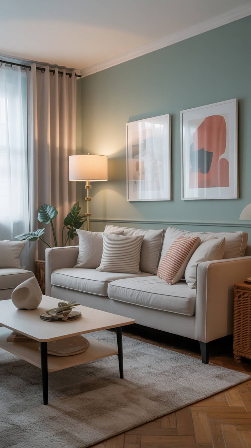 A cozy living room featuring a soft mint accent wall, neutral furniture, and decorative elements.