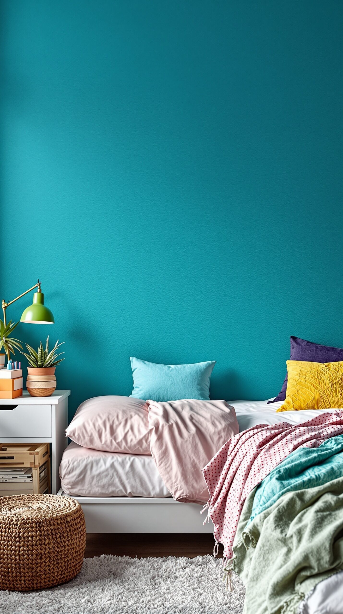 A dorm room featuring a peacock blue accent wall, cozy bedding, colorful pillows, and a small plant on a nightstand.