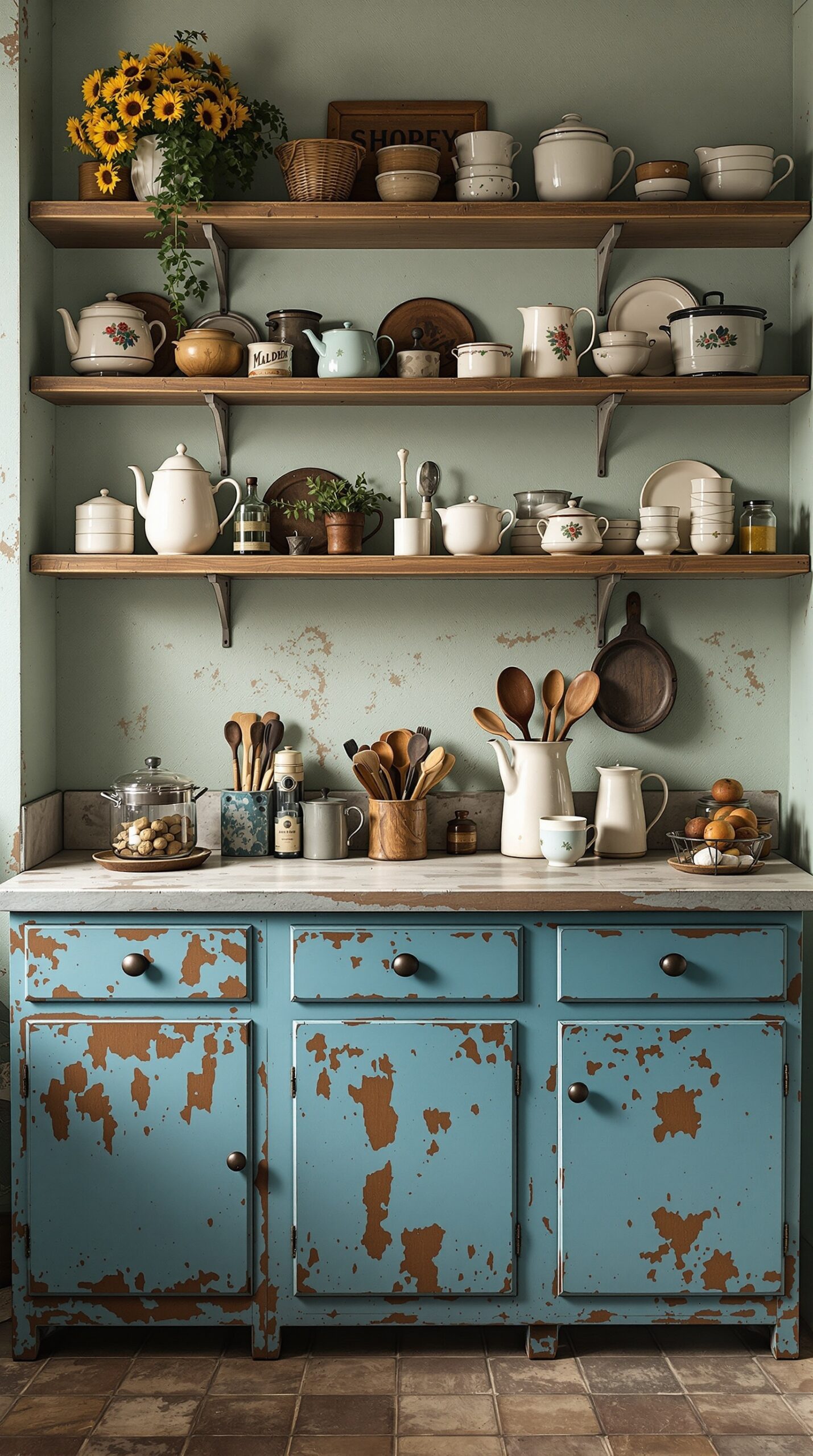 A vintage kitchen with dusty blue cabinets, wooden shelves filled with various kitchenware, and sunflowers in a vase.
