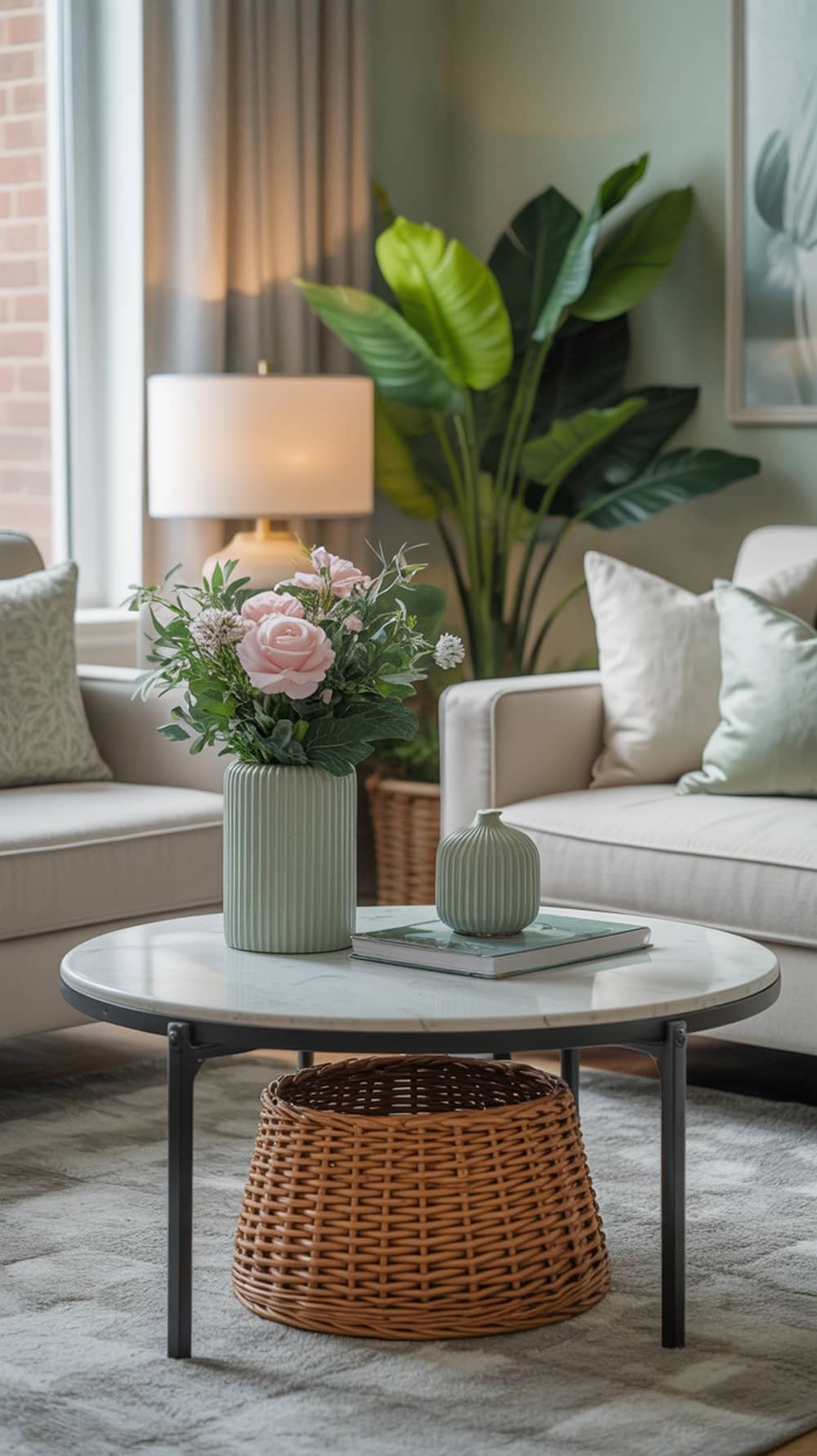 A mint-inspired coffee table decor featuring a ribbed mint vase with pink flowers, smaller mint vases, a stylish book, and a woven basket underneath.