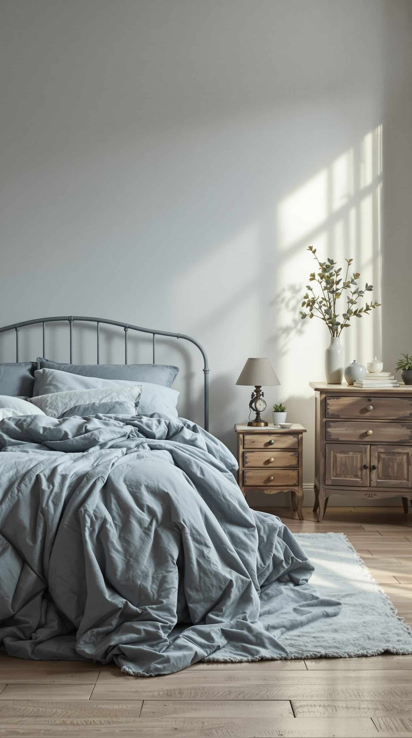 A cozy bedroom featuring dusty blue bedding, a metal bed frame, wooden nightstands, and natural light.