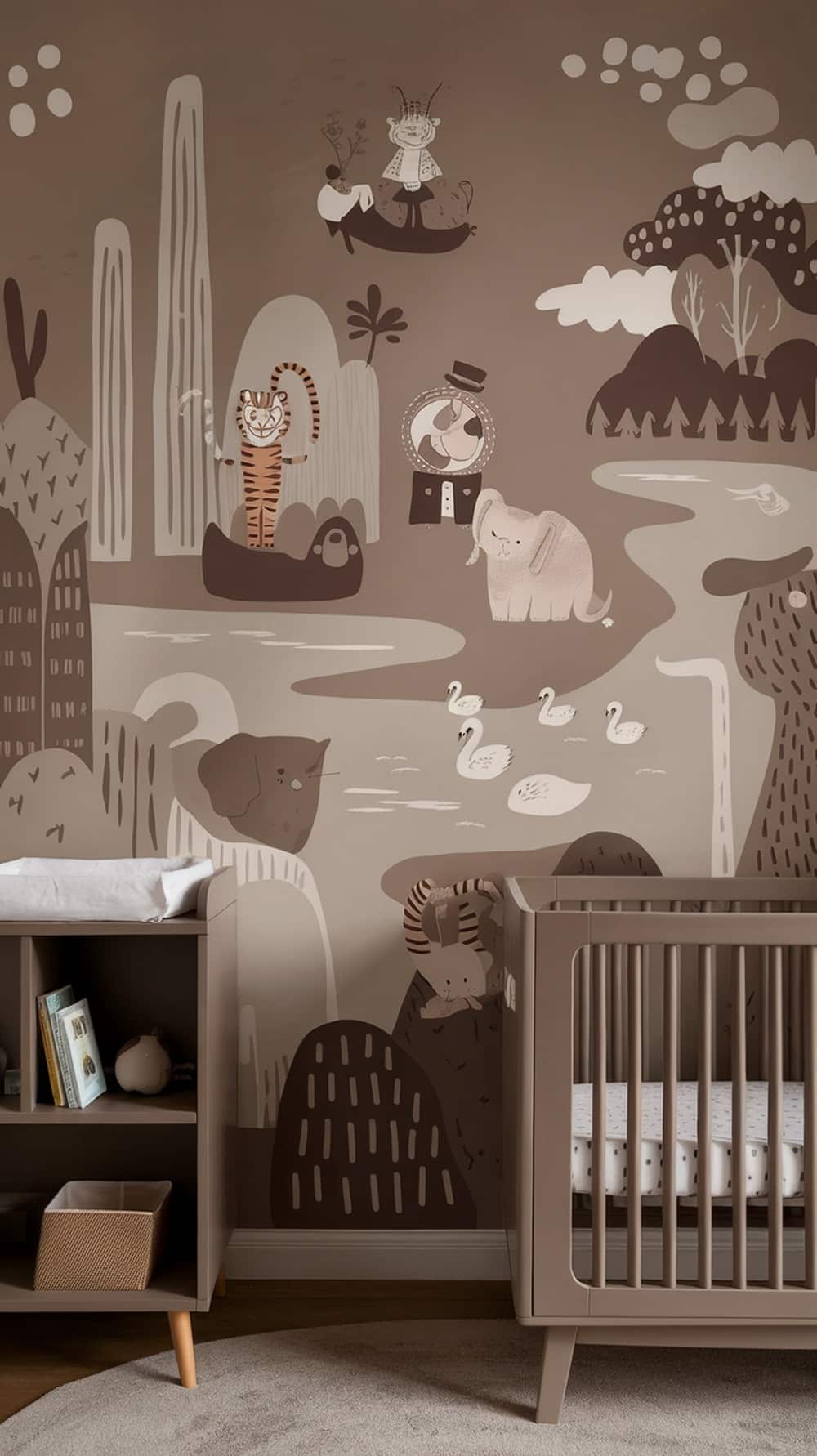 A taupe nursery with a whimsical wall mural featuring animals like a tiger and an elephant.