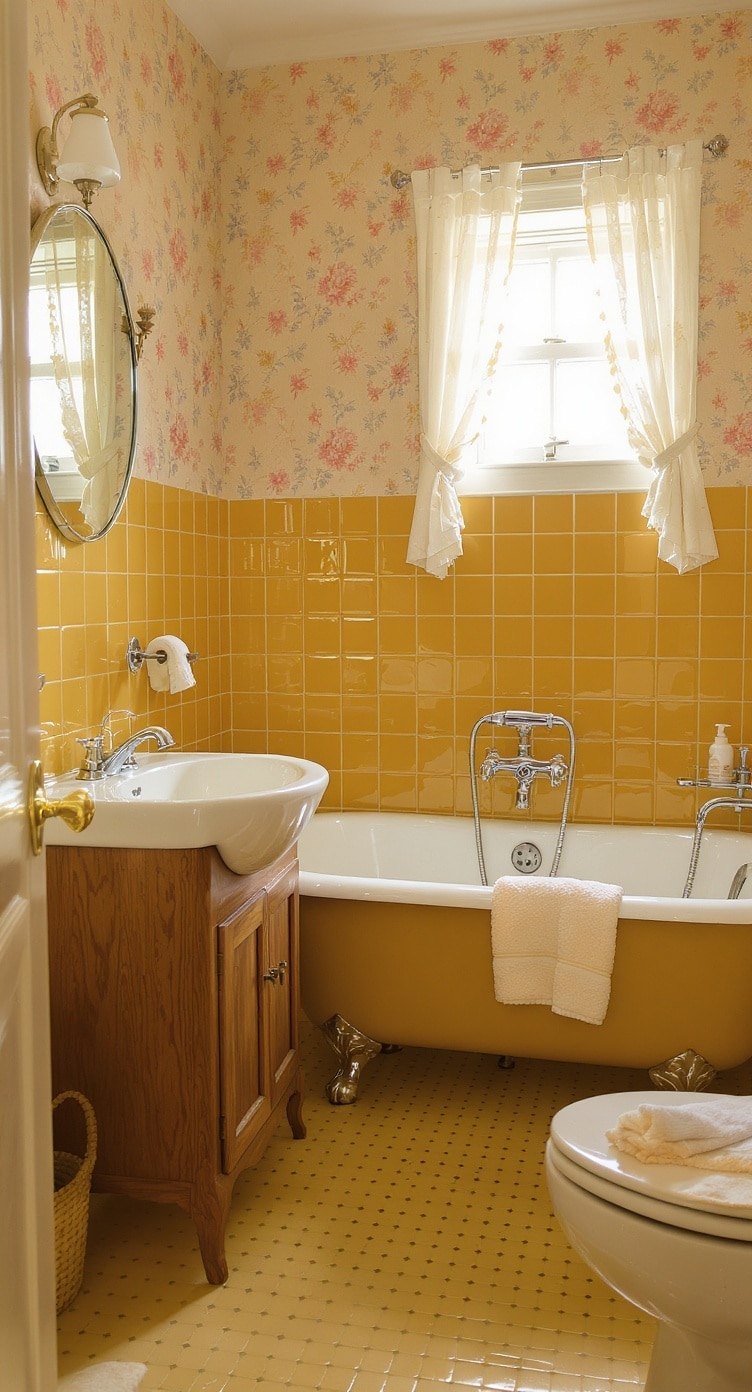 A vintage bathroom featuring mustard yellow tiles, floral wallpaper, a clawfoot tub, and wooden accents.