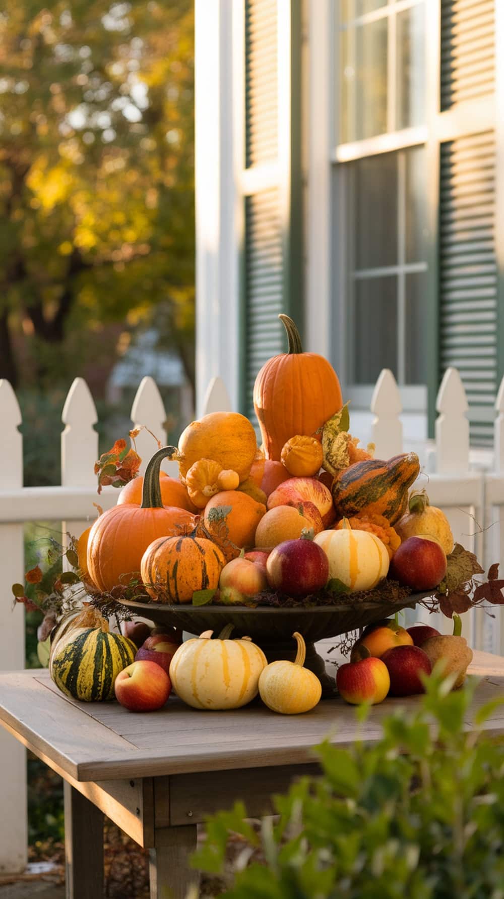 A beautiful arrangement of colorful gourds and apples on a table, showcasing fall decor.