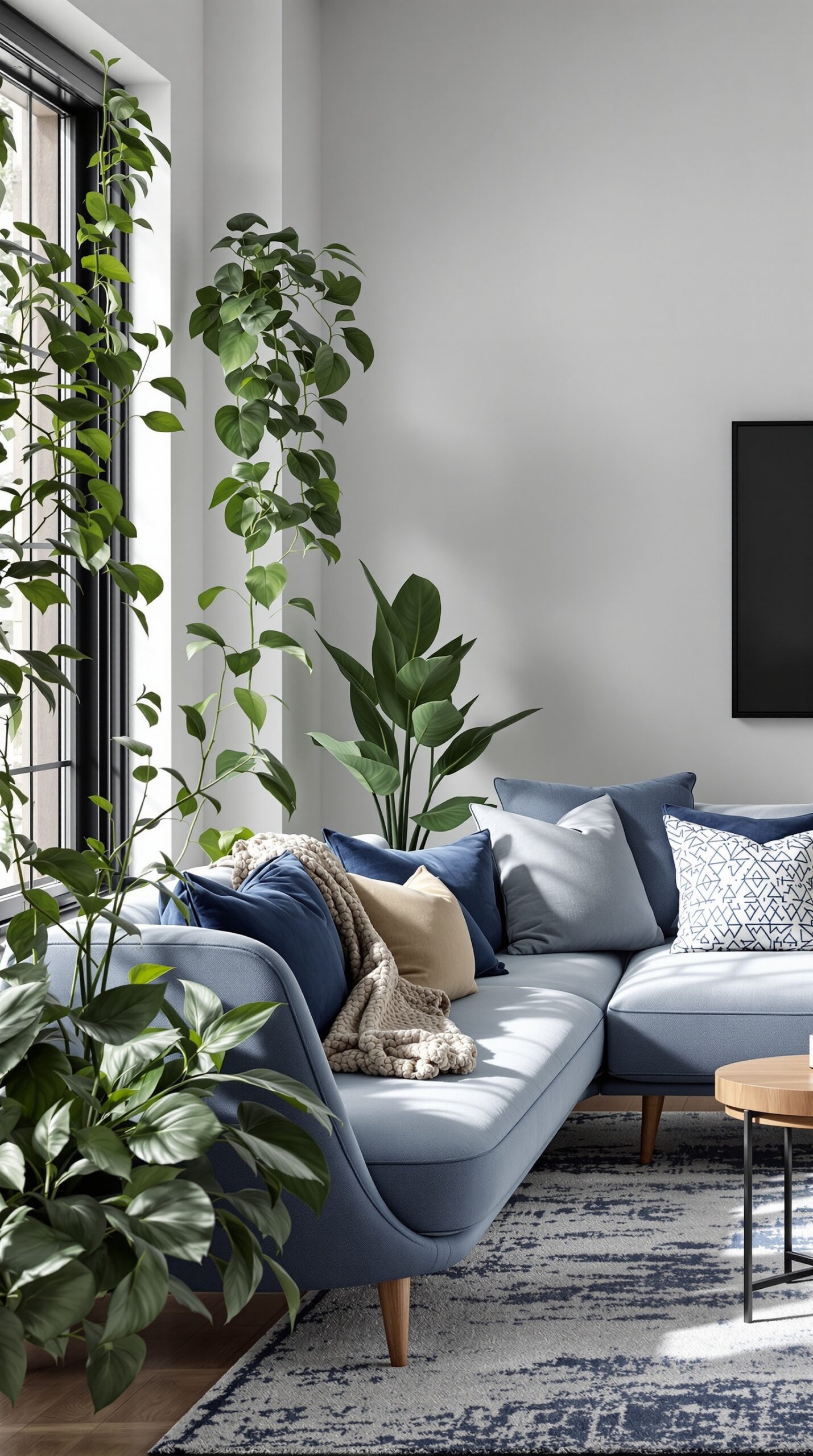 A navy blue living room featuring a sectional sofa with pillows, a cozy throw, and indoor plants near a window.