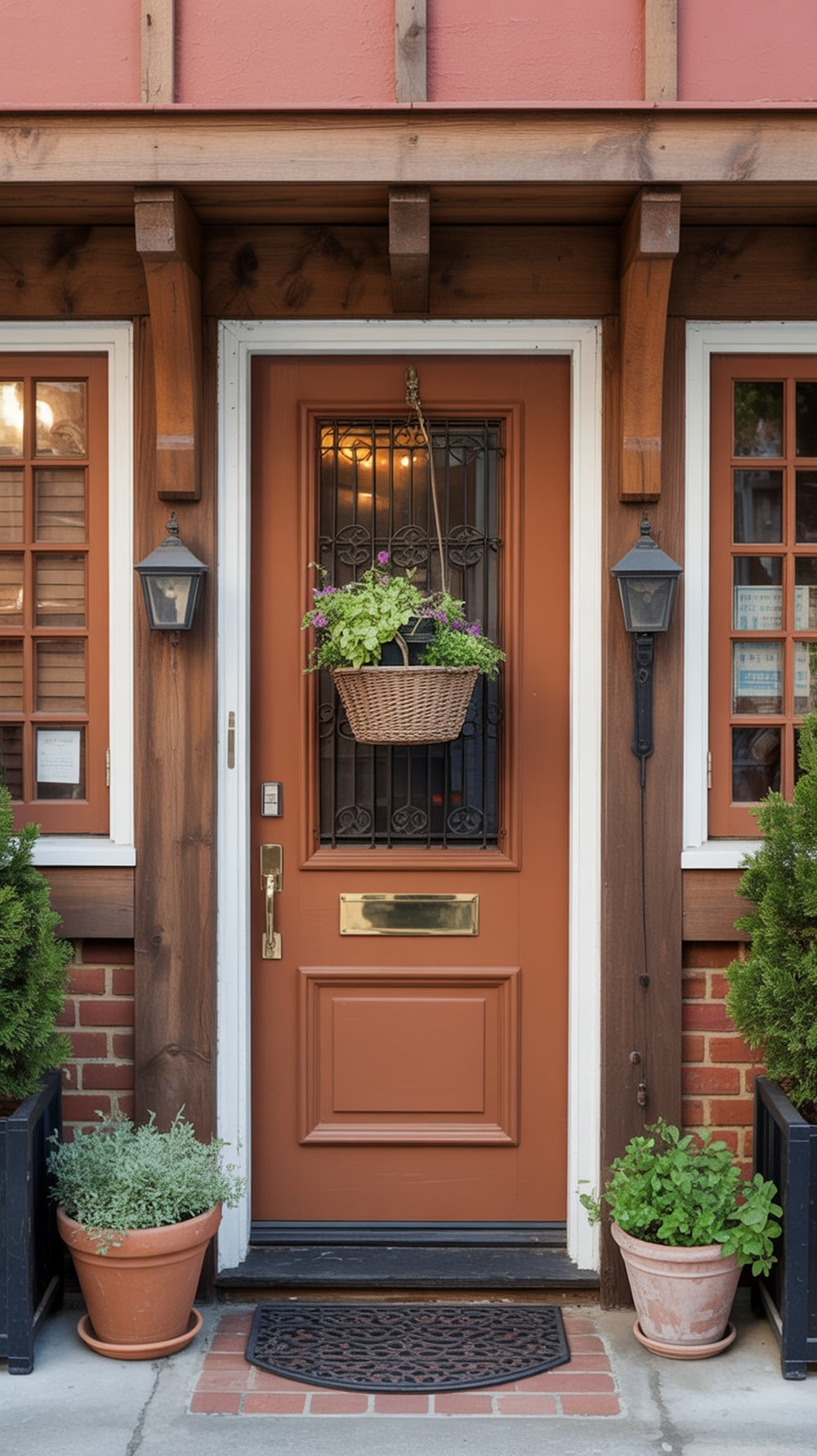 A rustic front door painted in rust orange with hanging plants and wooden accents.