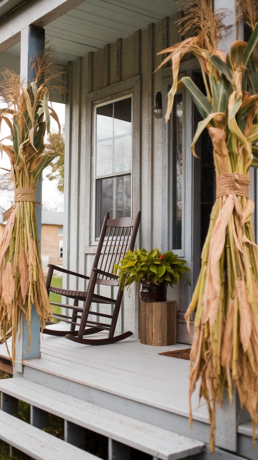 A front porch decorated with cornstalk bundles, a rocking chair, and potted plants.