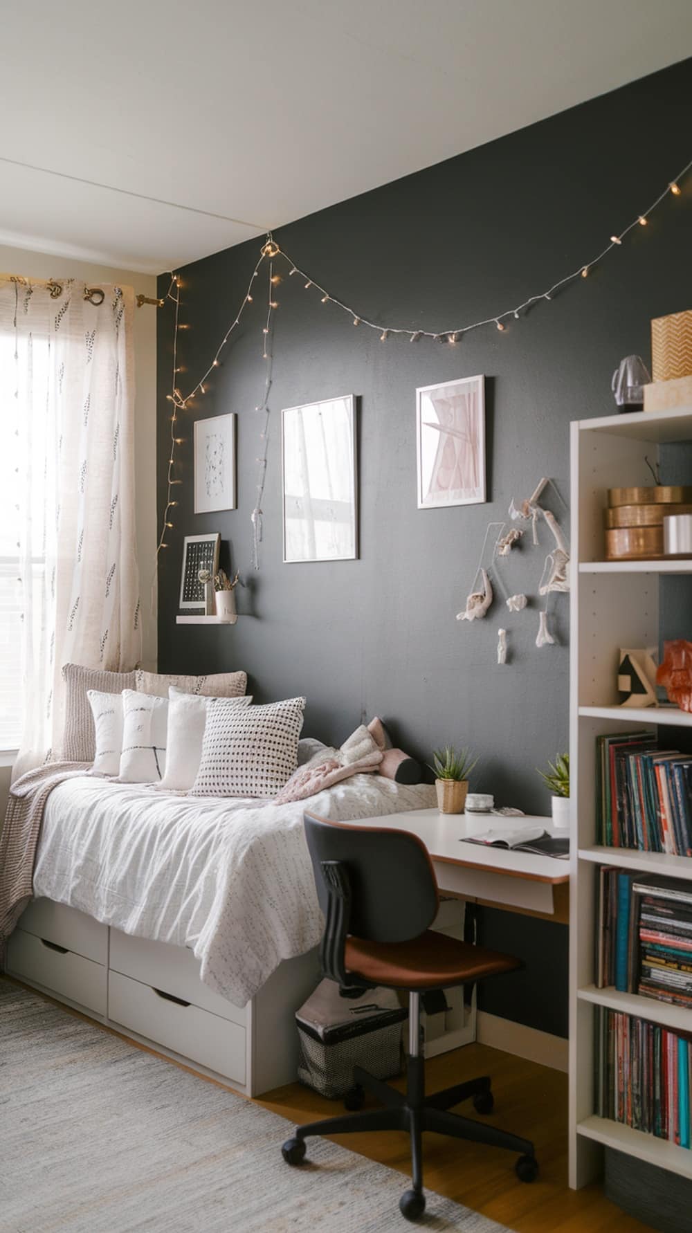 A cozy dorm room featuring a charcoal gray accent wall with framed art and fairy lights.