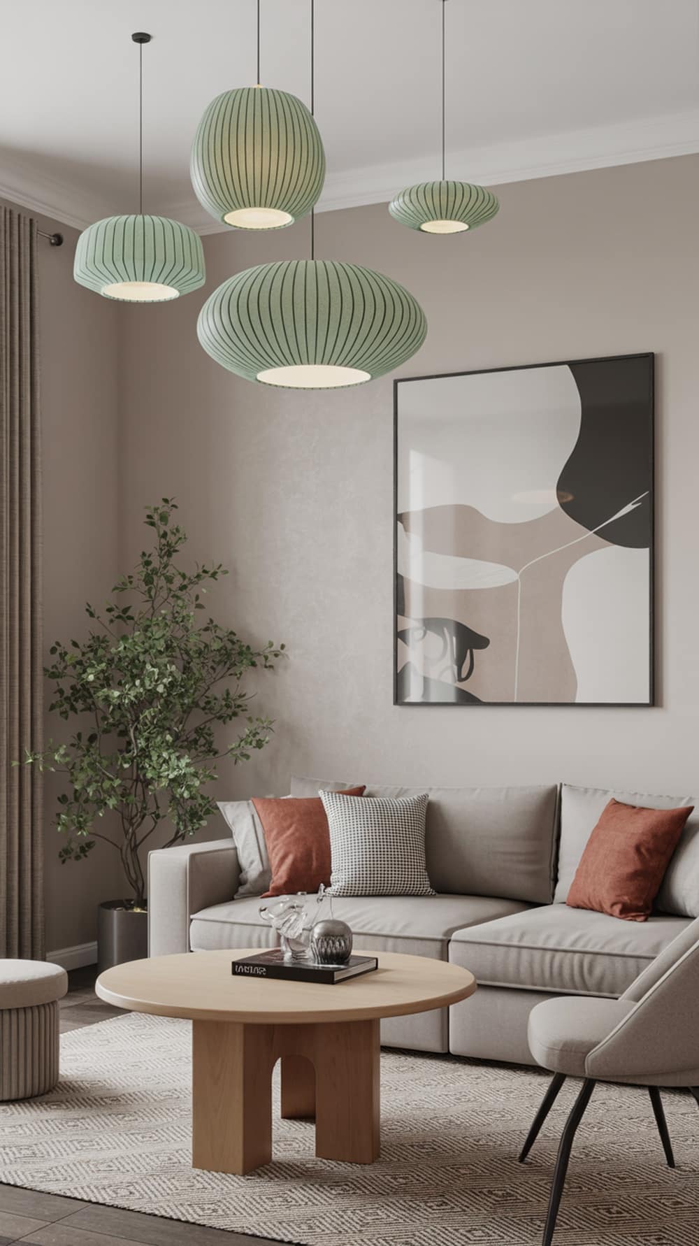 Mint-colored pendant lights hanging over a cozy living room with a neutral sofa and wooden coffee table.