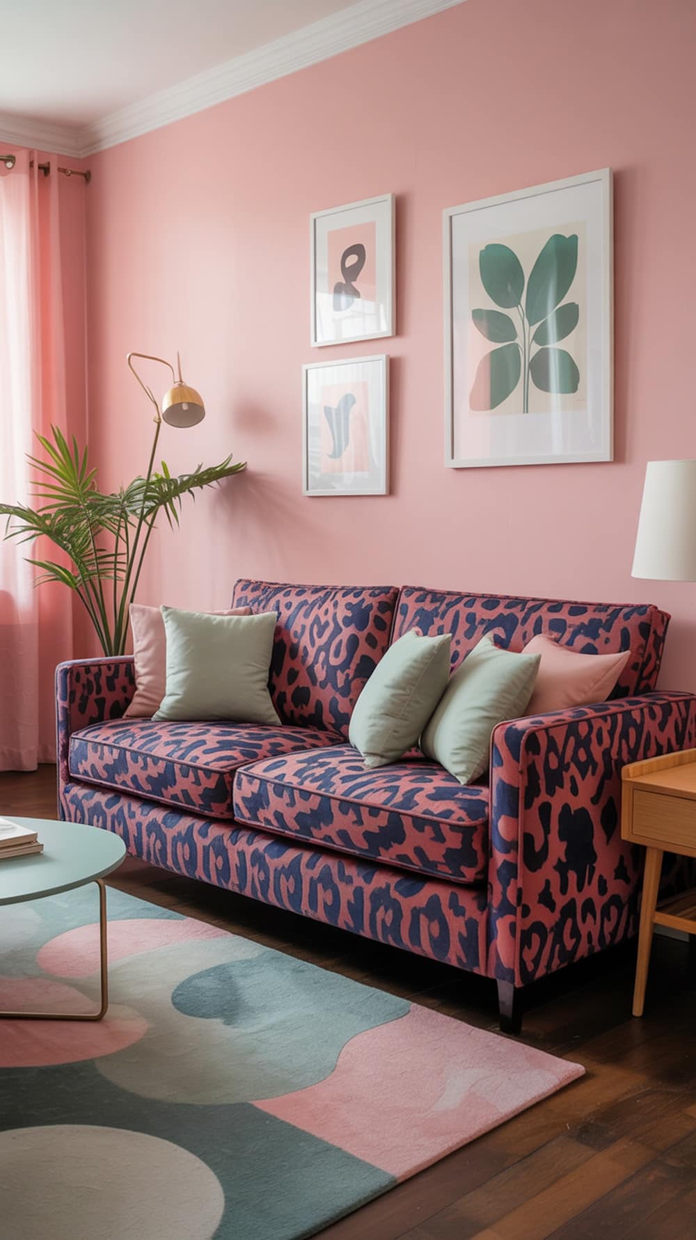 A living room featuring a bold leopard print sofa in pink and navy, mint green cushions, soft pink walls, and abstract artwork.