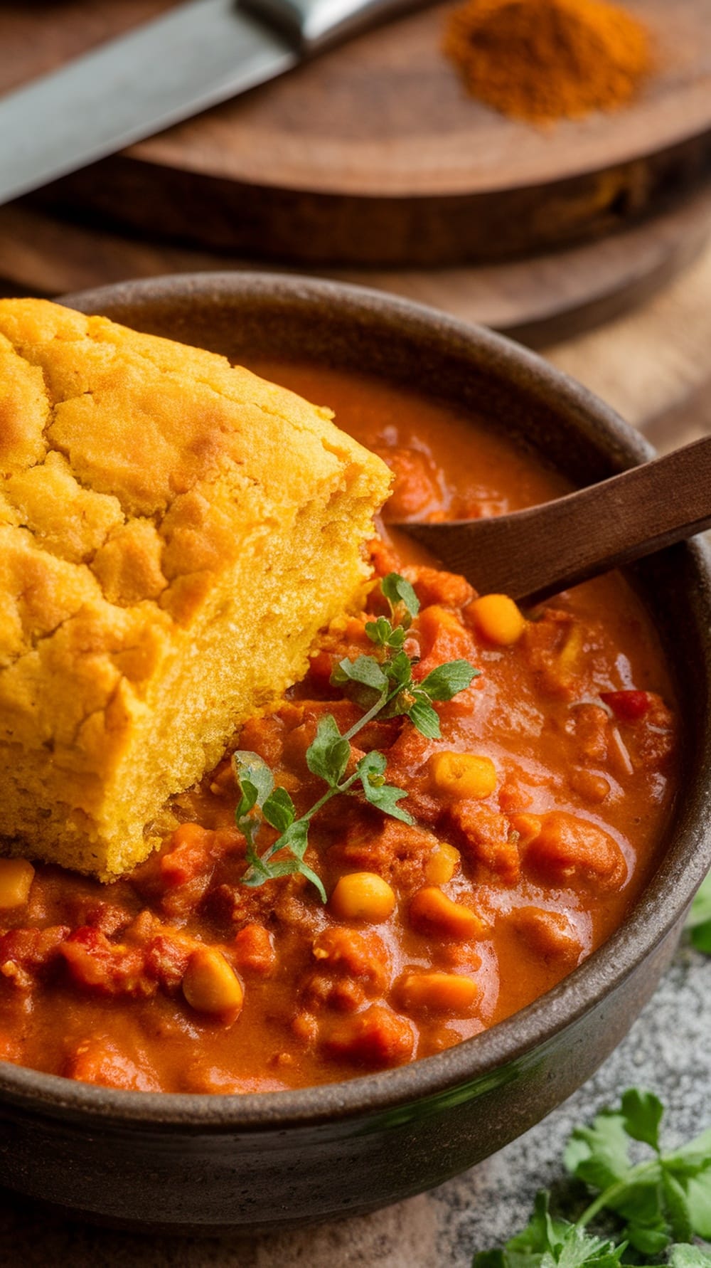 A bowl of pumpkin chili topped with cornbread, garnished with herbs, and a sprinkle of spices in the background.