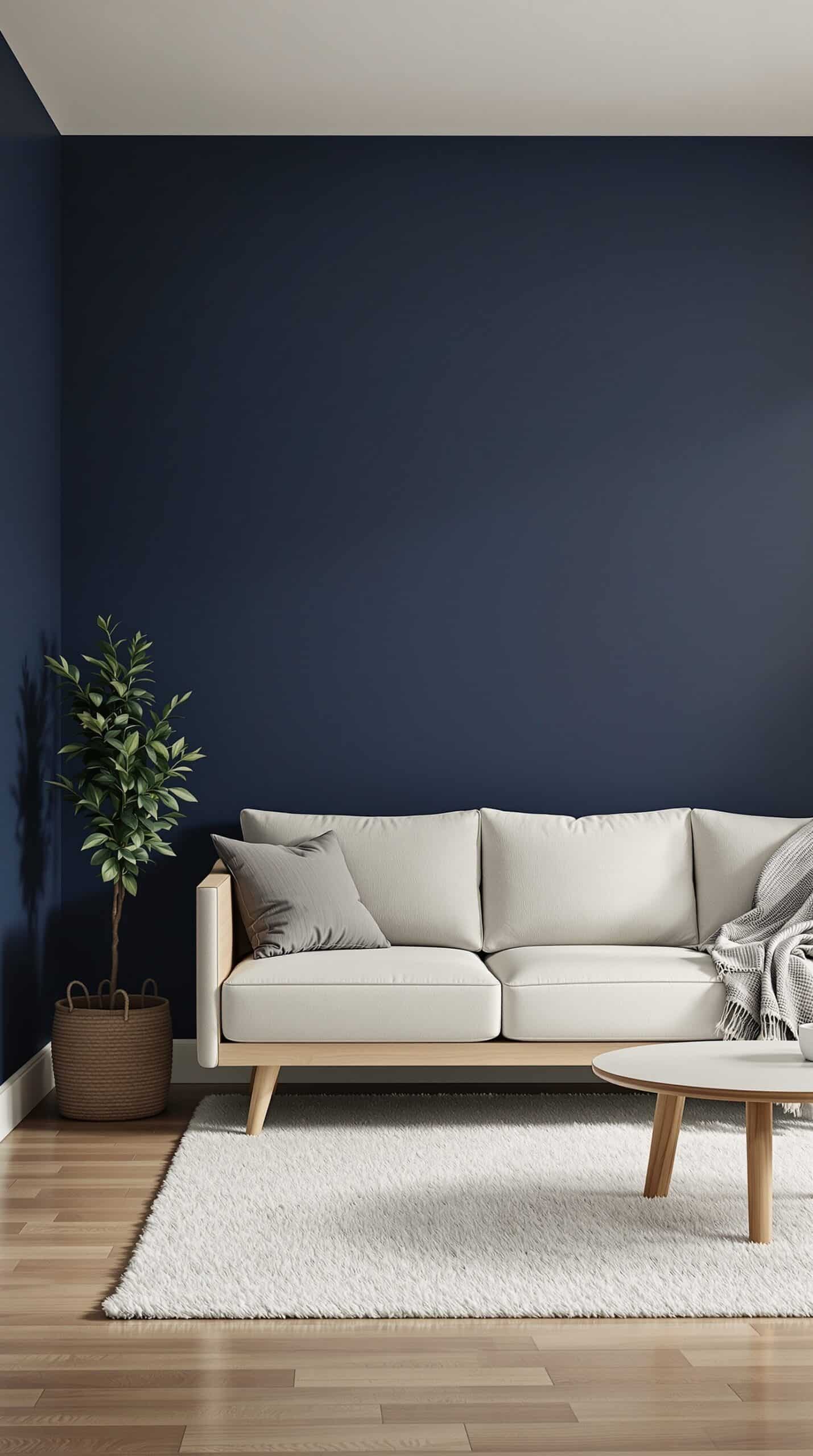 A minimalist living room featuring light wood furniture against a navy blue wall, with a cozy sofa, a round coffee table, and a potted plant.
