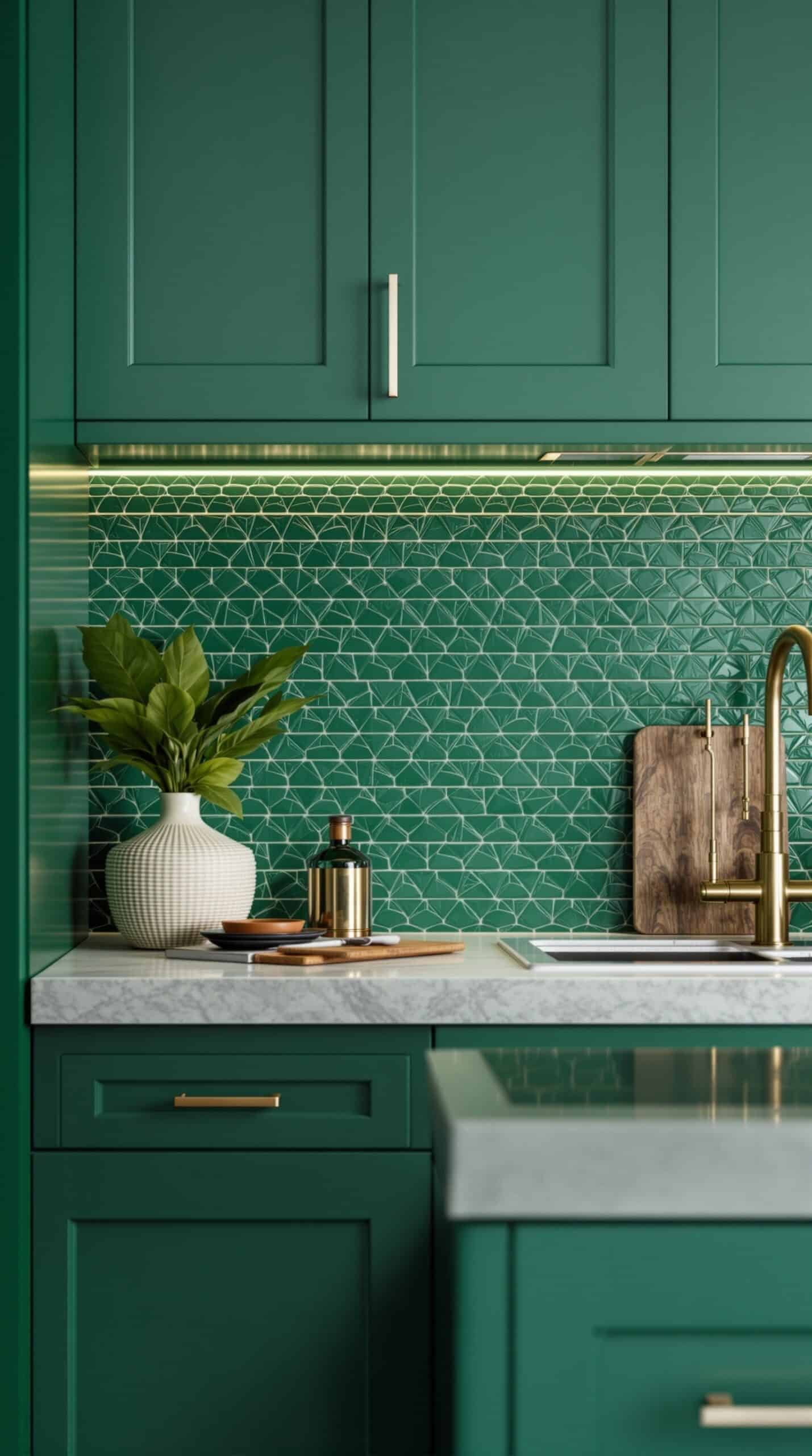 Emerald green kitchen with a textured backsplash, gold accents, and natural elements.