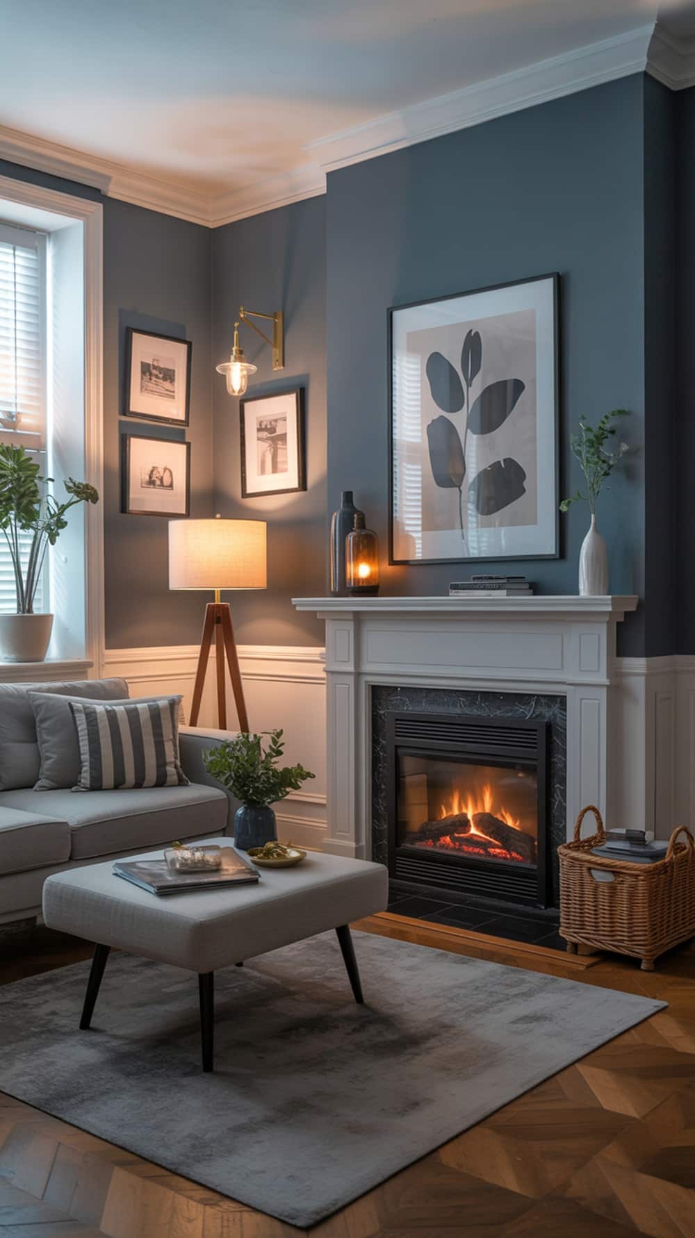 Cozy living room with slate blue walls, a fireplace, and stylish furniture.