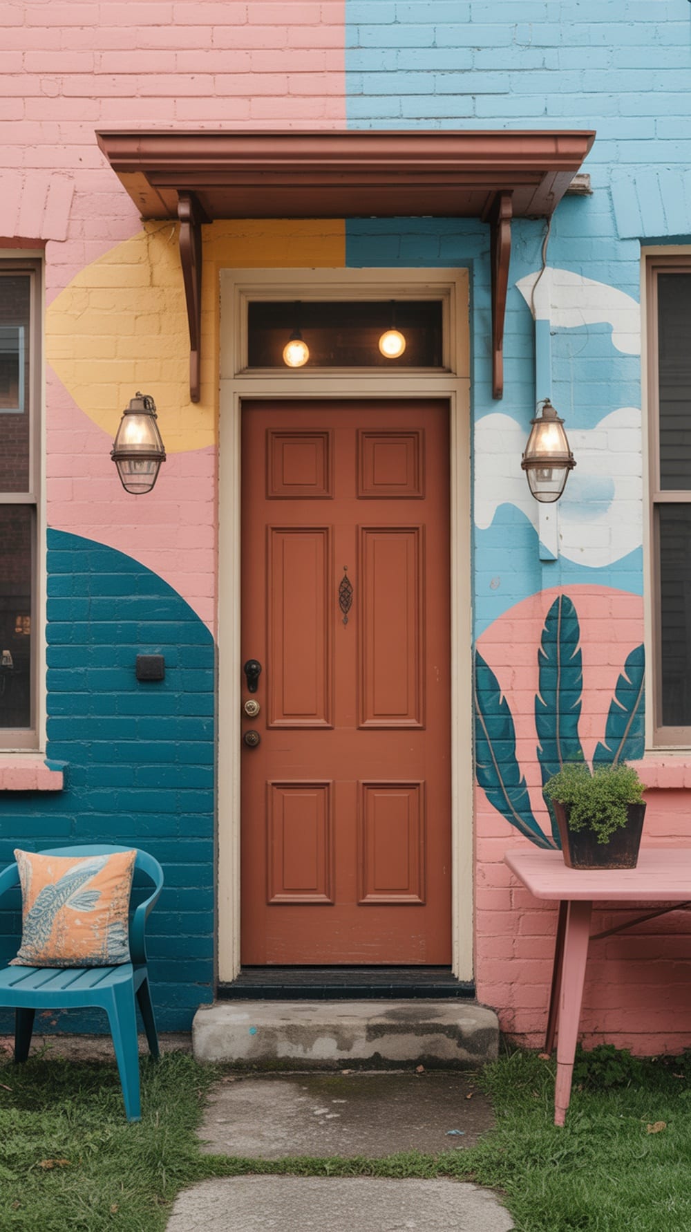 A rust orange front door with a colorful mural background, featuring pink and blue hues, a lantern, and decorative plants.