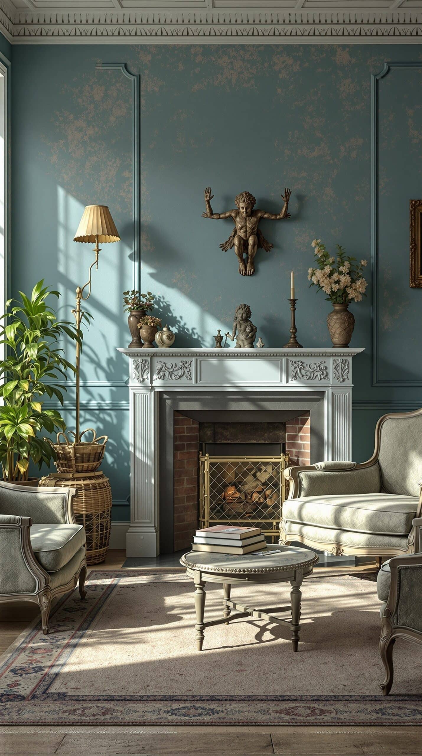A vintage dusty blue living room featuring a fireplace, elegant furniture, and decorative plants.