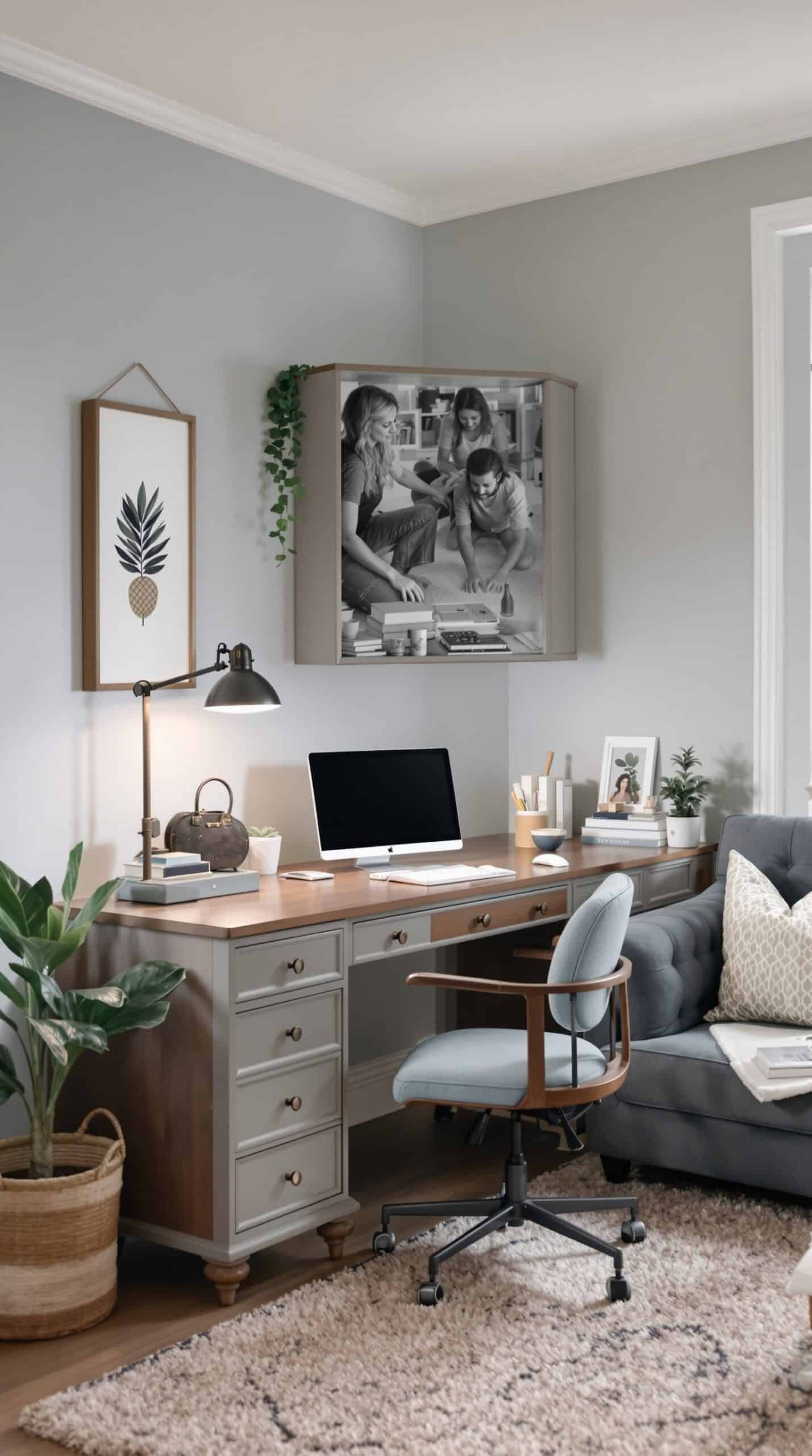 A stylish dusty blue home office featuring a wooden desk, computer, and decorative elements.