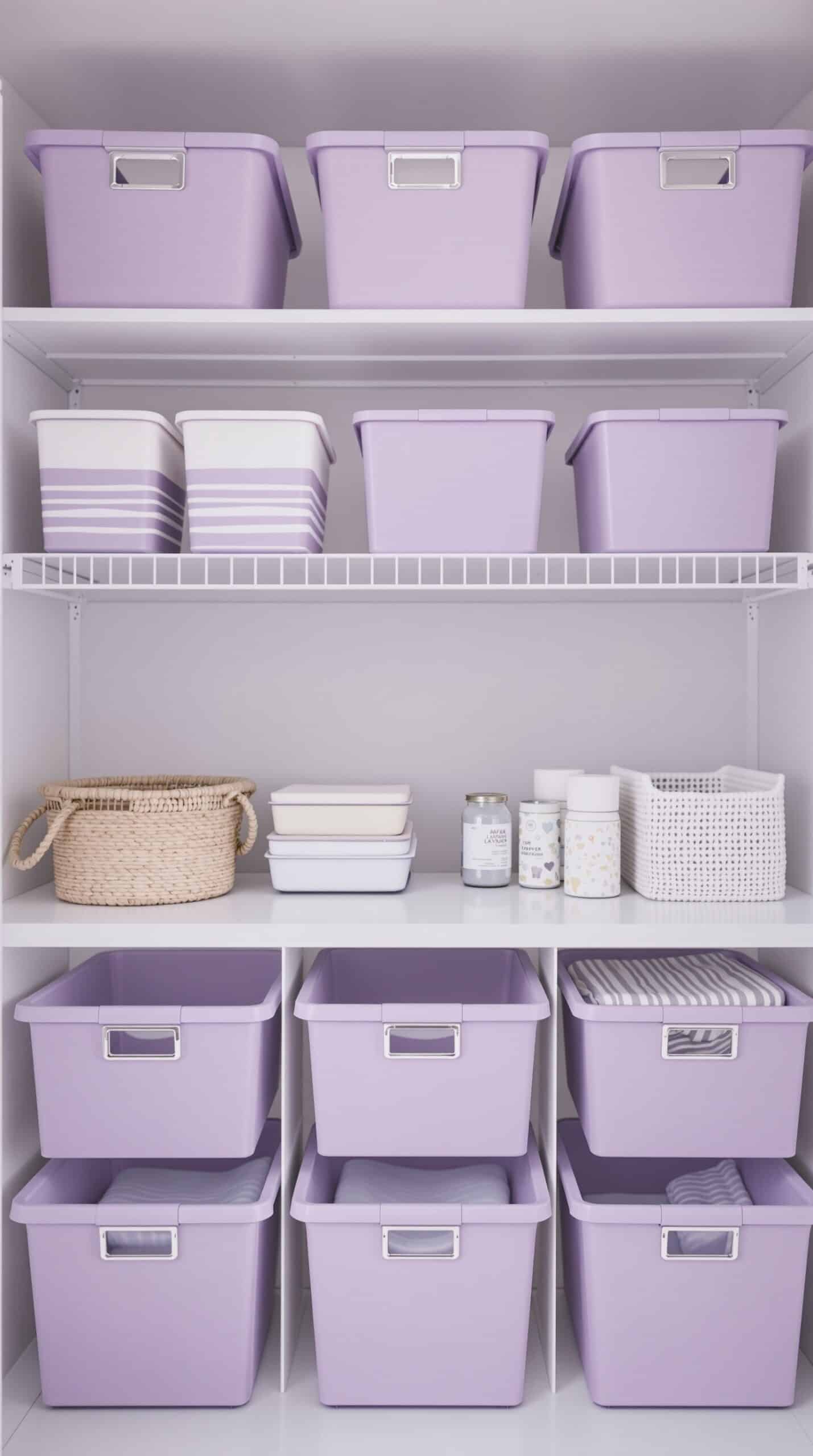 Organized lavender storage bins in a laundry room