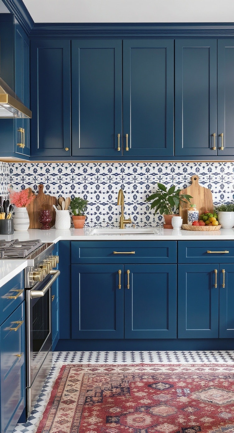 Stylish indigo kitchen cabinets with patterned tiles and a vibrant rug.