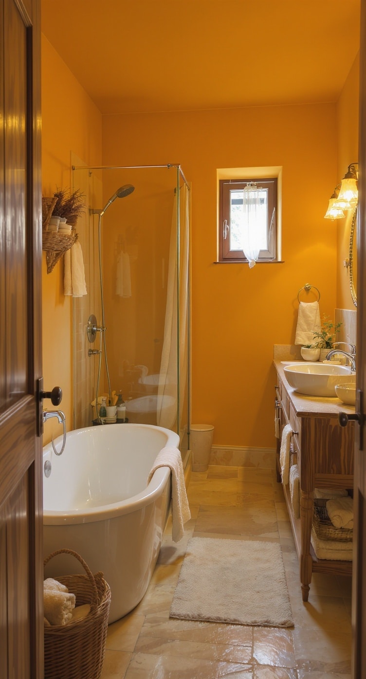 A cozy bathroom featuring warm mustard yellow walls, a freestanding bathtub, and earthy accents.