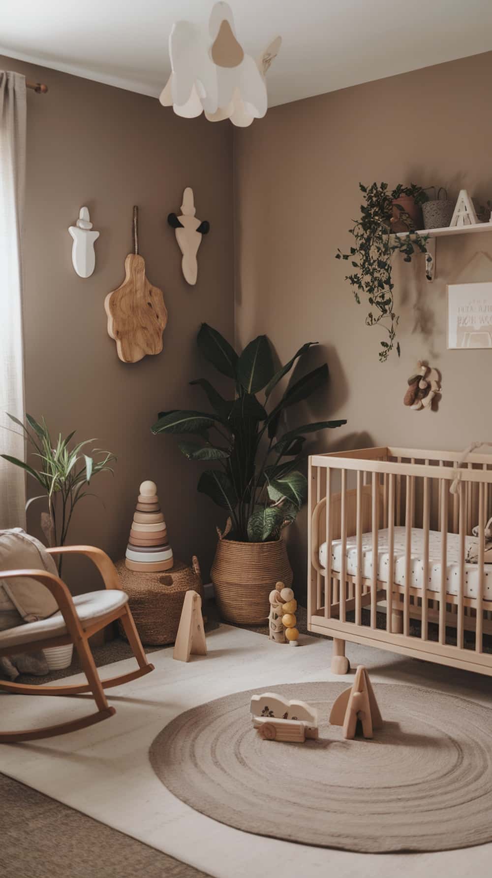 A taupe nursery featuring natural decor elements, including plants, wooden toys, and a cozy crib.