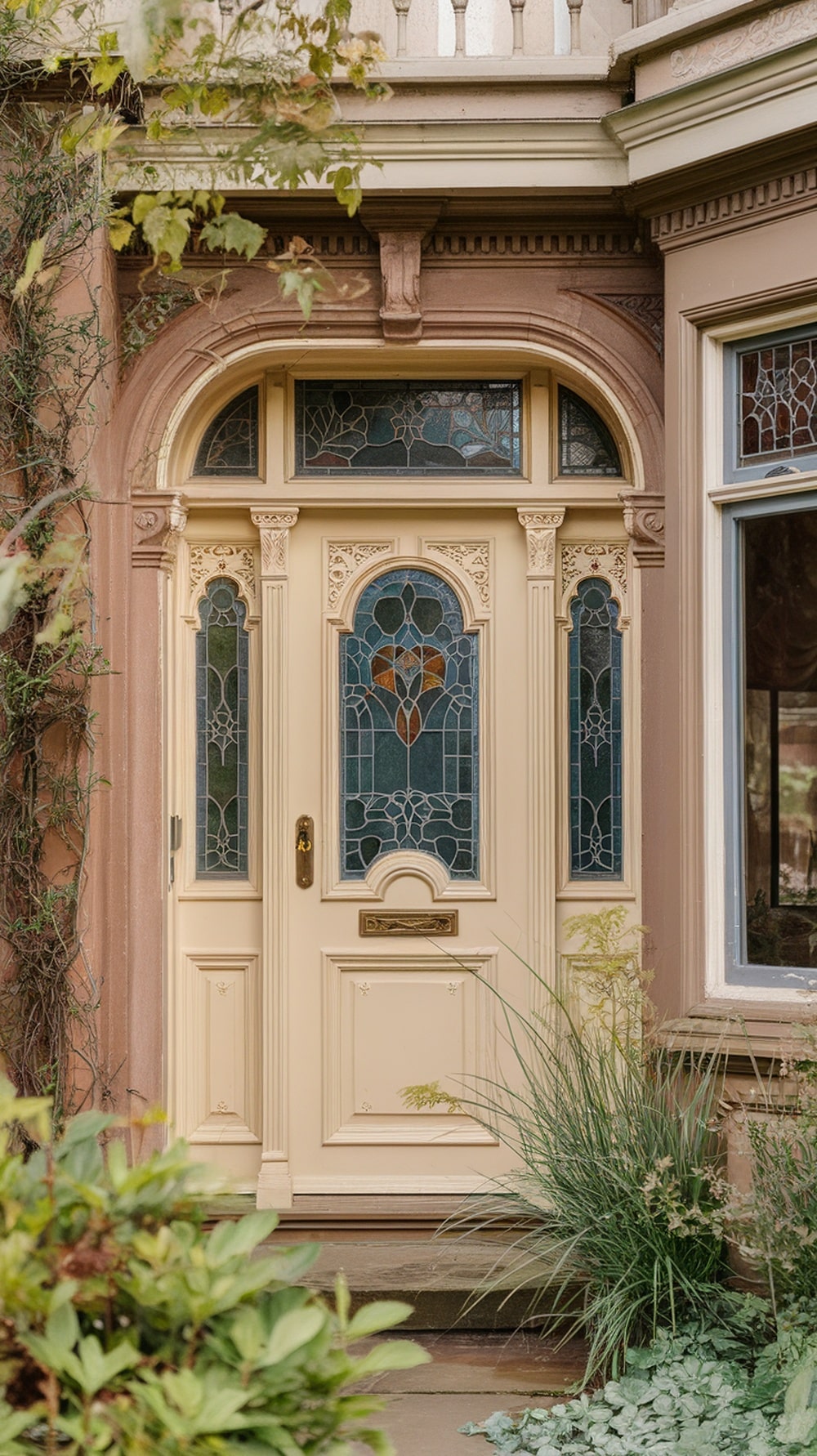 Victorian cream front door with intricate stained glass and ornate carvings