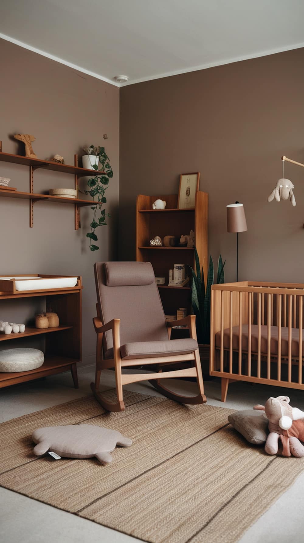 A mid-century taupe nursery featuring warm wood accents, including a rocking chair, crib, and shelves, with a cozy rug and plush toys.