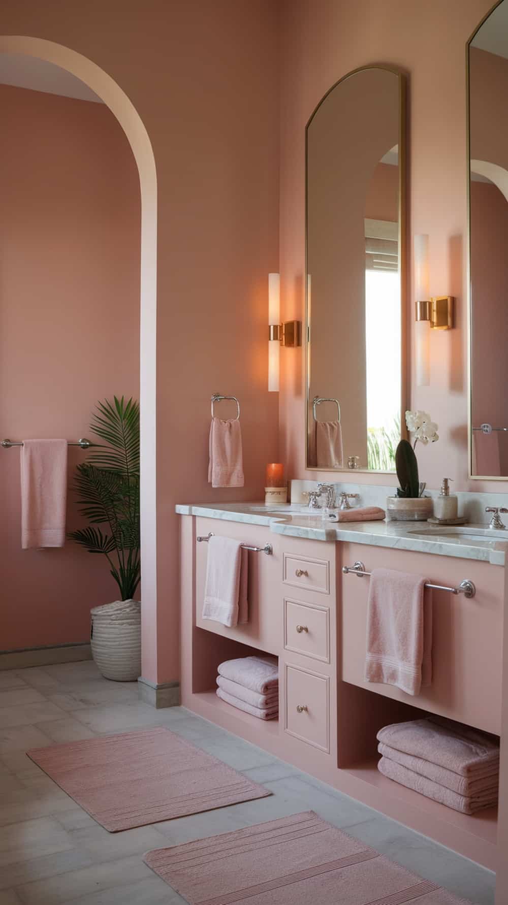 A blush pink bathroom with marble countertop, soft towels, and plants, creating a spa-like atmosphere.