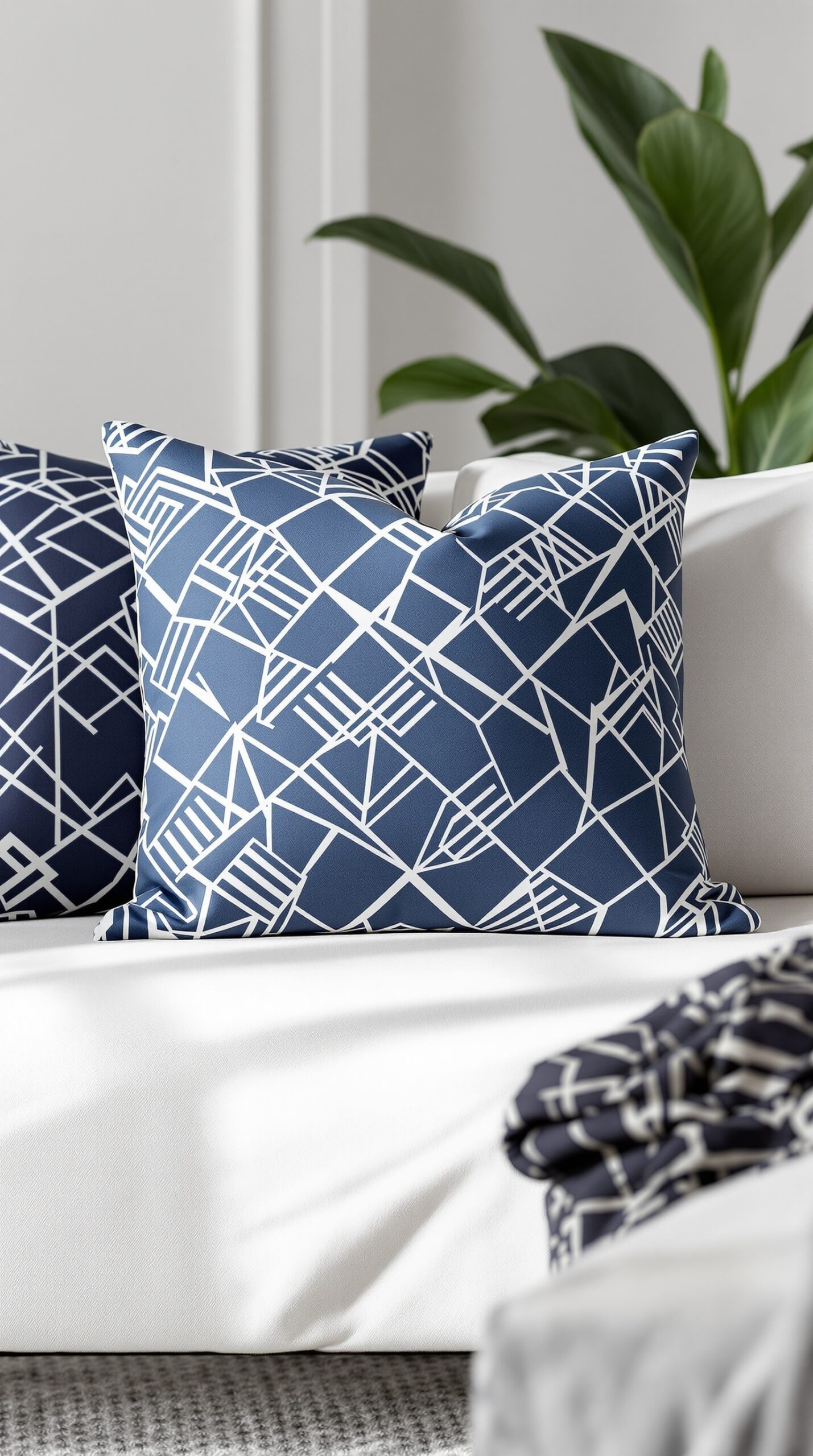 Navy blue and white geometric patterned pillows on a white sofa