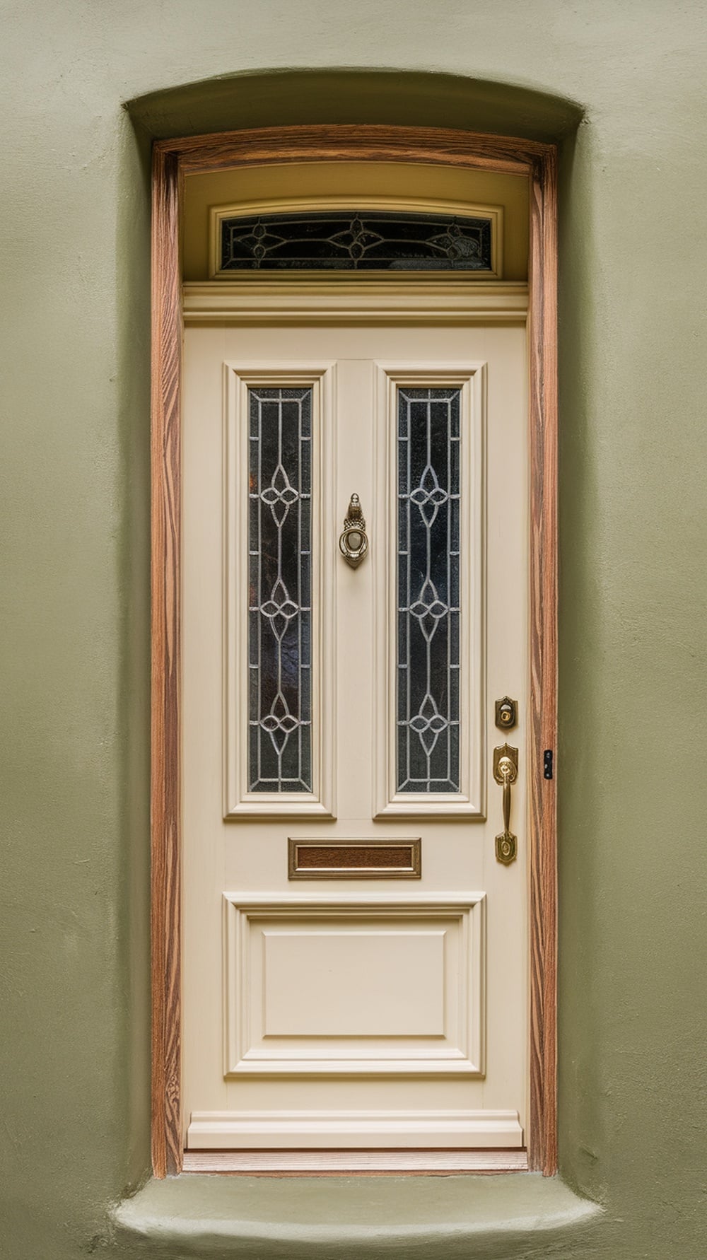 A traditional cream front door with glass panels and wooden trim