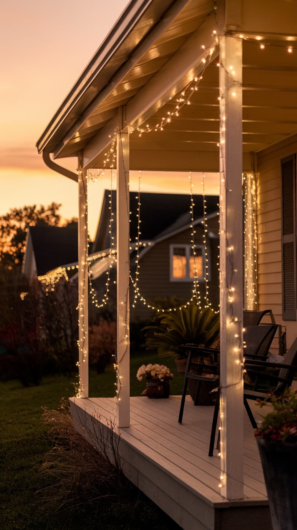 A front porch decorated with fairy lights at sunset.