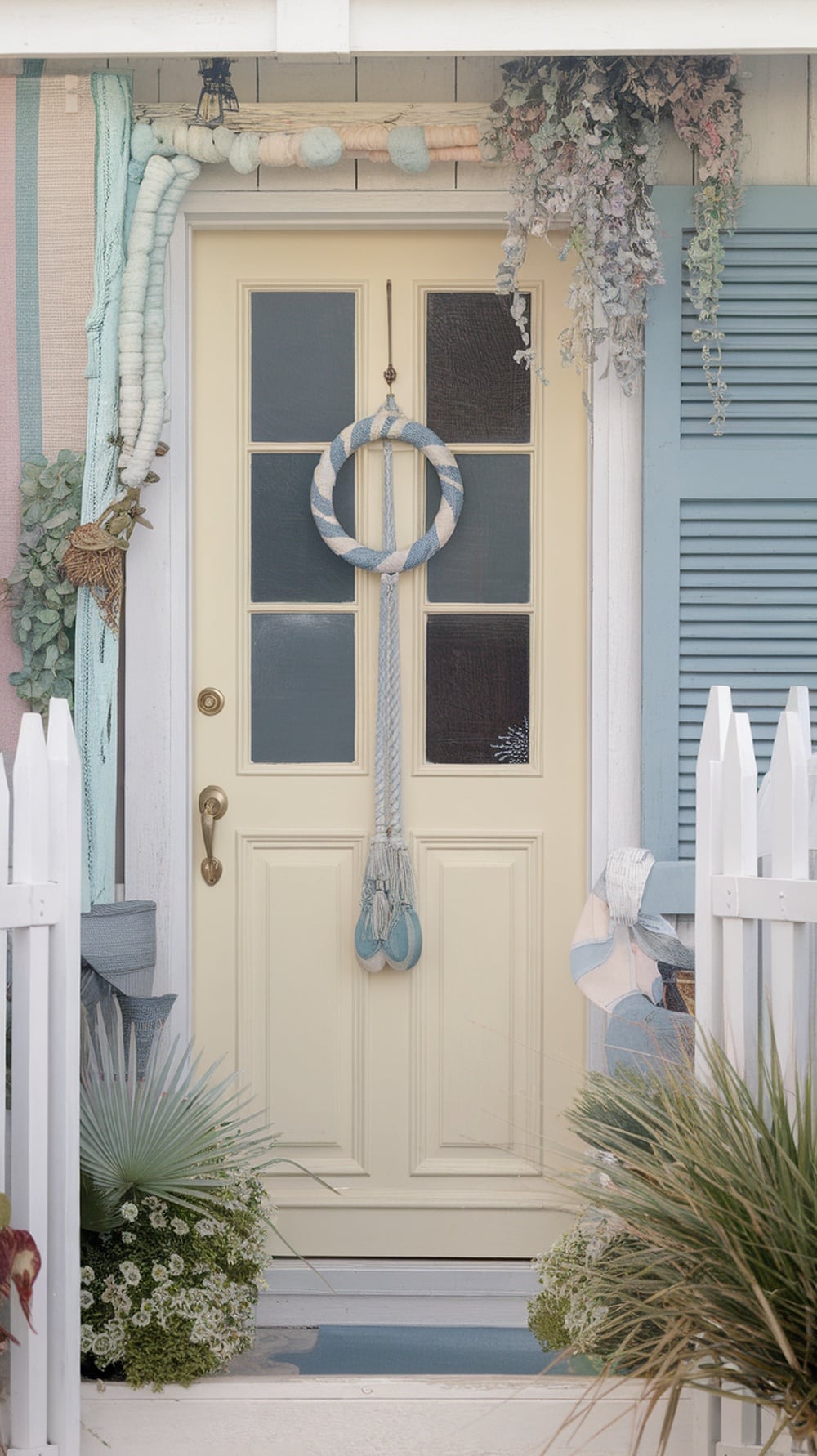Cream front door with coastal decor, including a rope wreath and potted plants.
