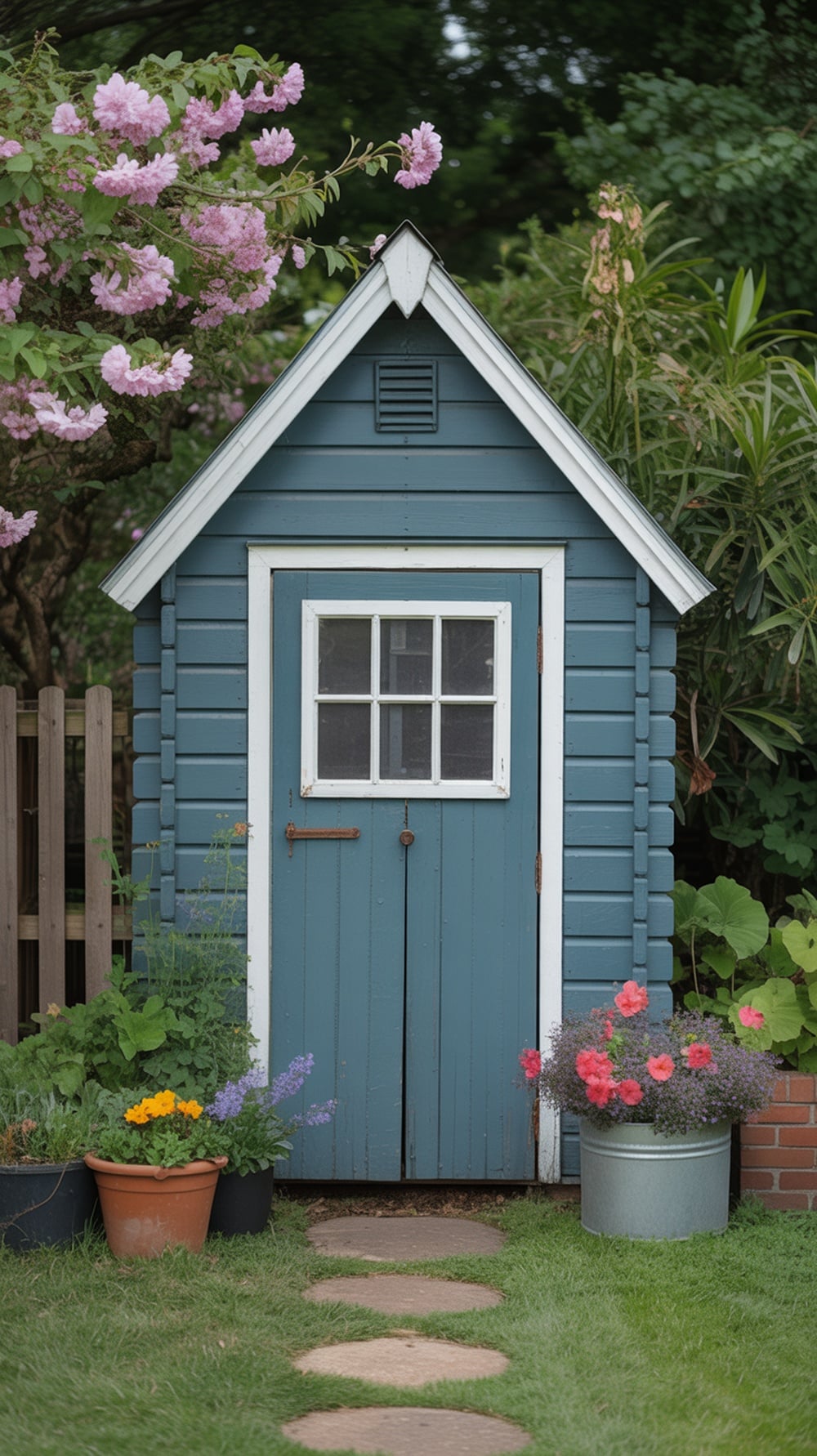 A charming slate blue garden shed surrounded by colorful flowers and a stone pathway.
