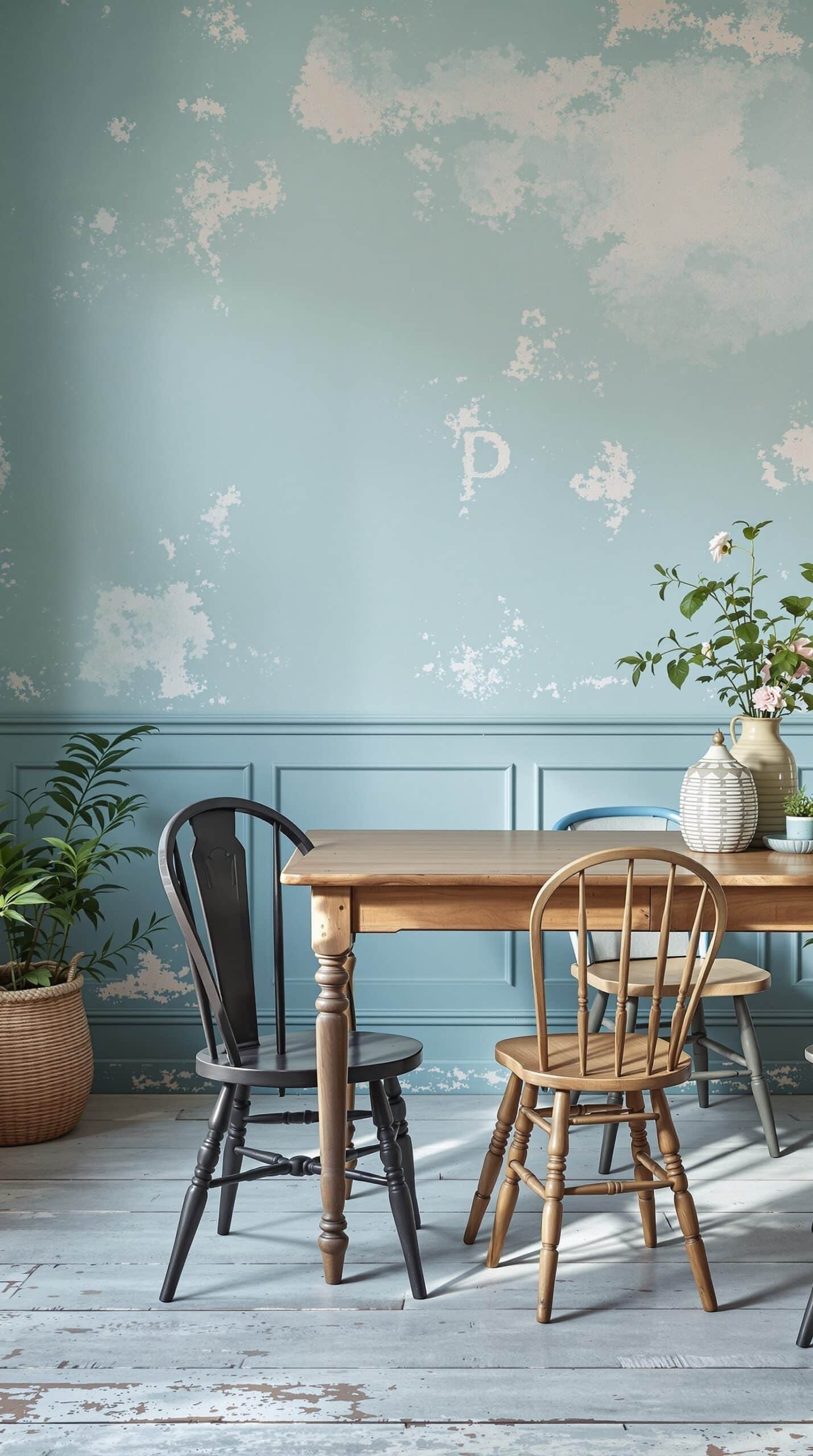 Rustic dining space with dusty blue walls, wooden table, and mixed chairs