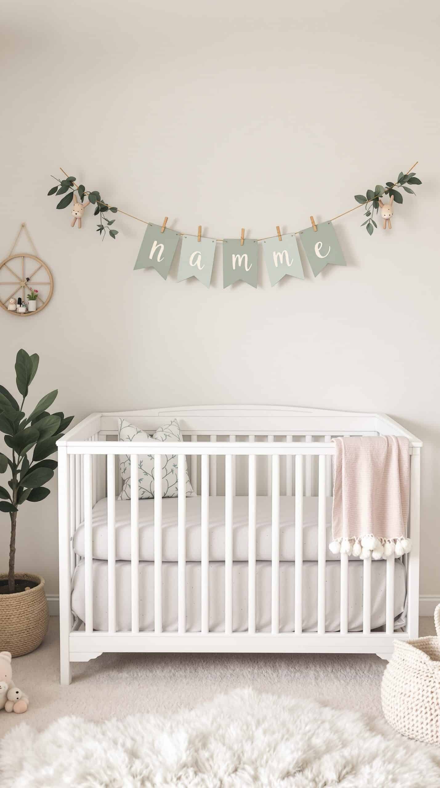 A personalized name banner in a sage green nursery above a crib