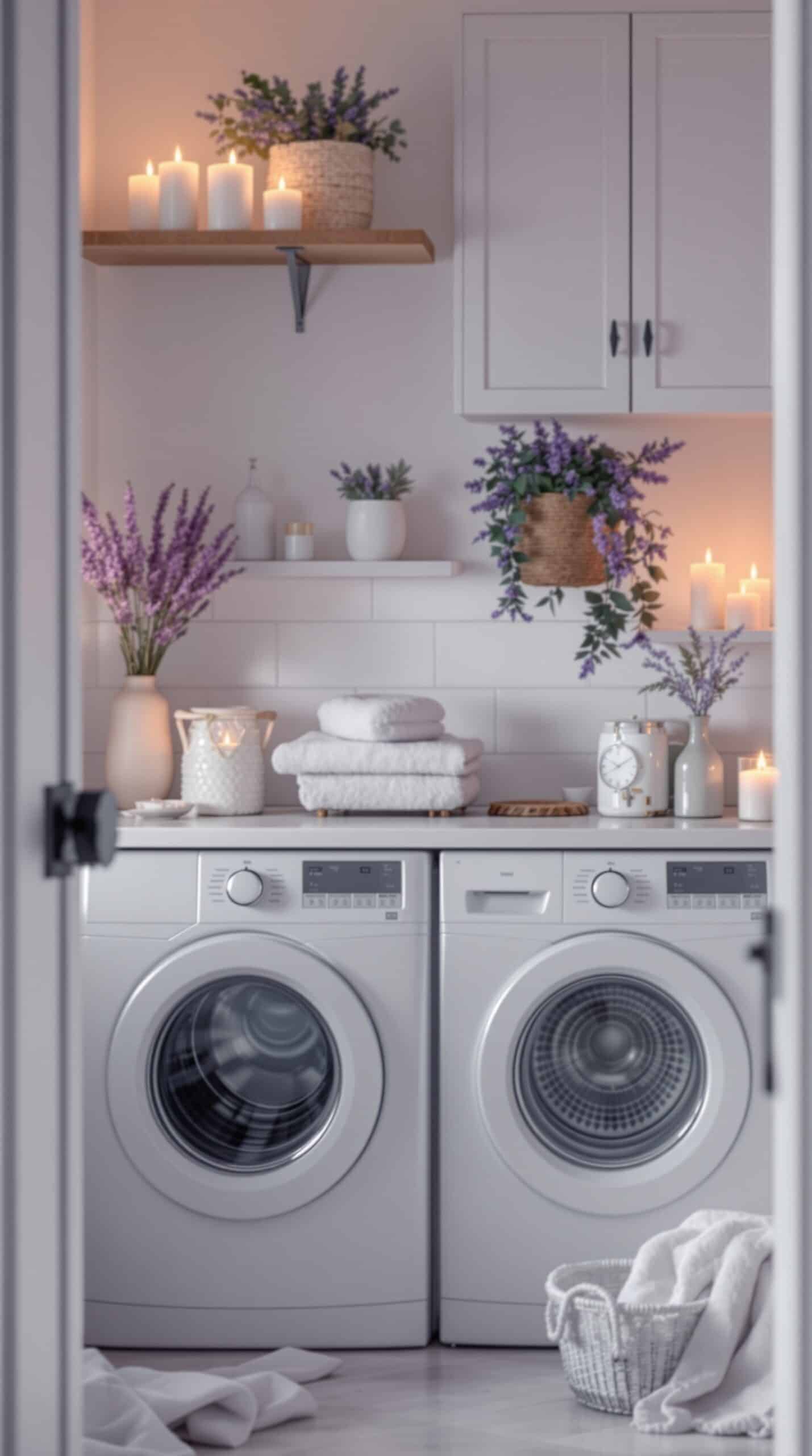 A cozy laundry room featuring lavender plants, candles, and neatly stacked towels.