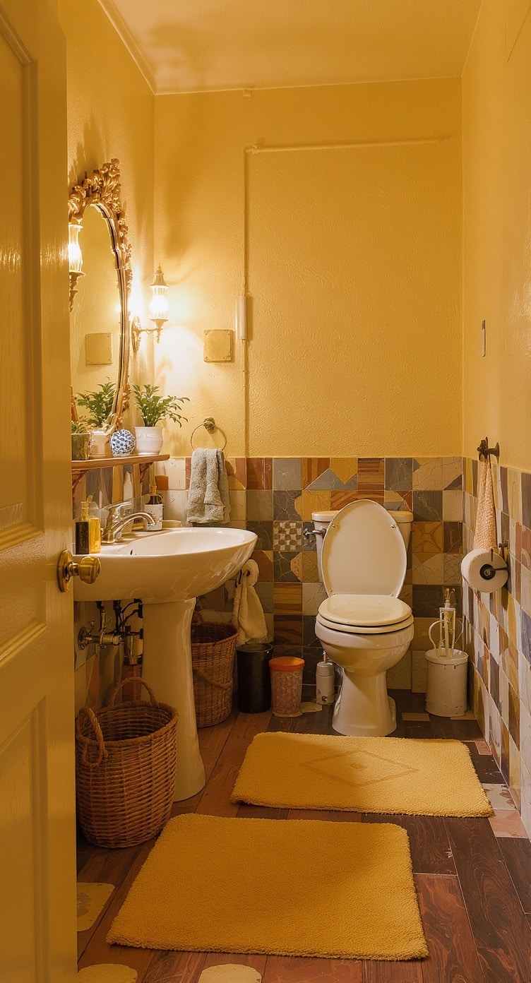 A cozy bathroom with mustard yellow walls, eclectic tile work, and vintage decor.