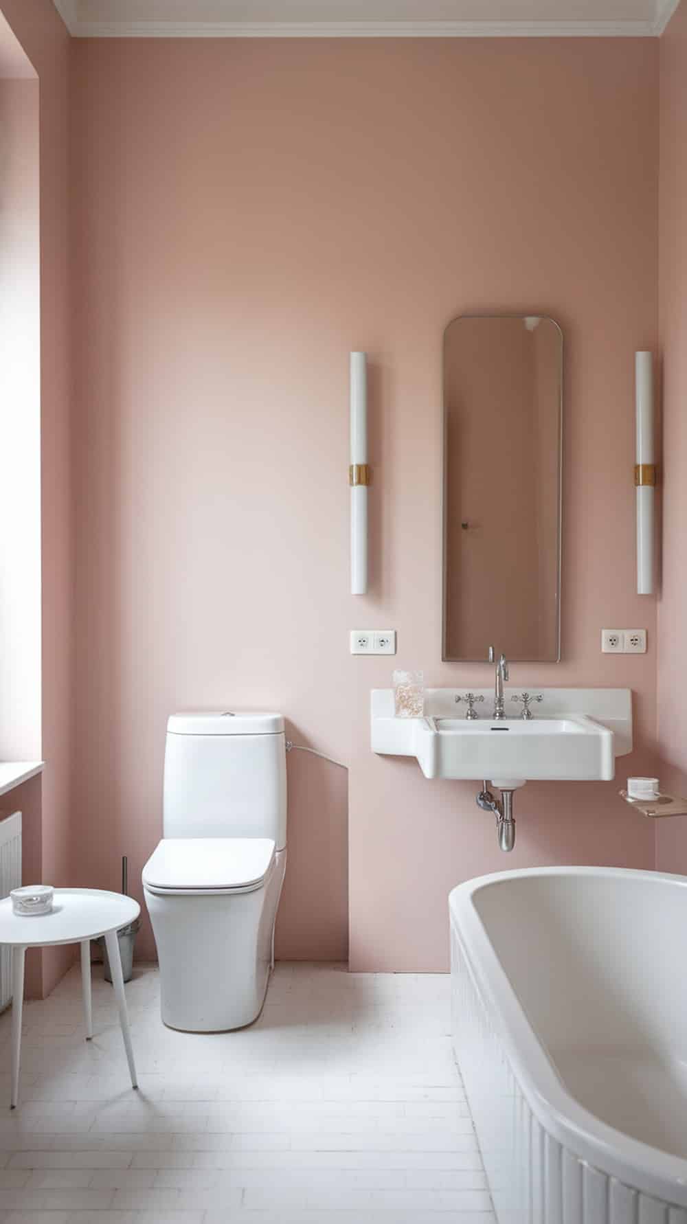 A minimalist blush pink bathroom featuring a white toilet, sink, and bathtub, with soft pink walls and natural light.