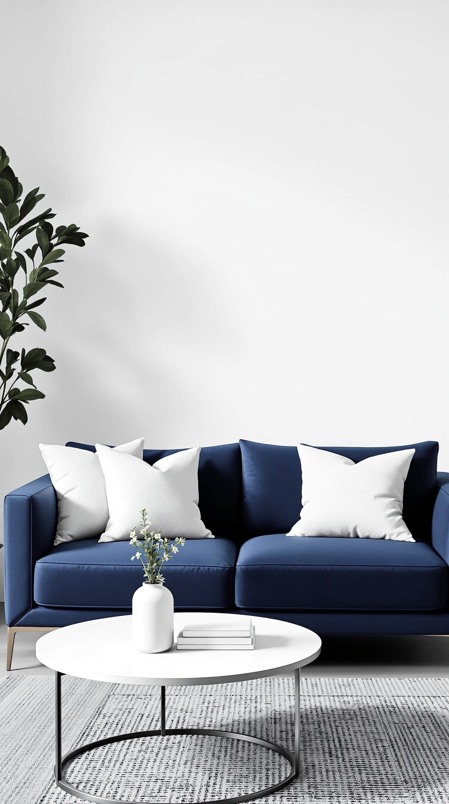 A sleek navy blue sofa with white accent pillows, accompanied by a round coffee table and a plant in a minimalist living room.