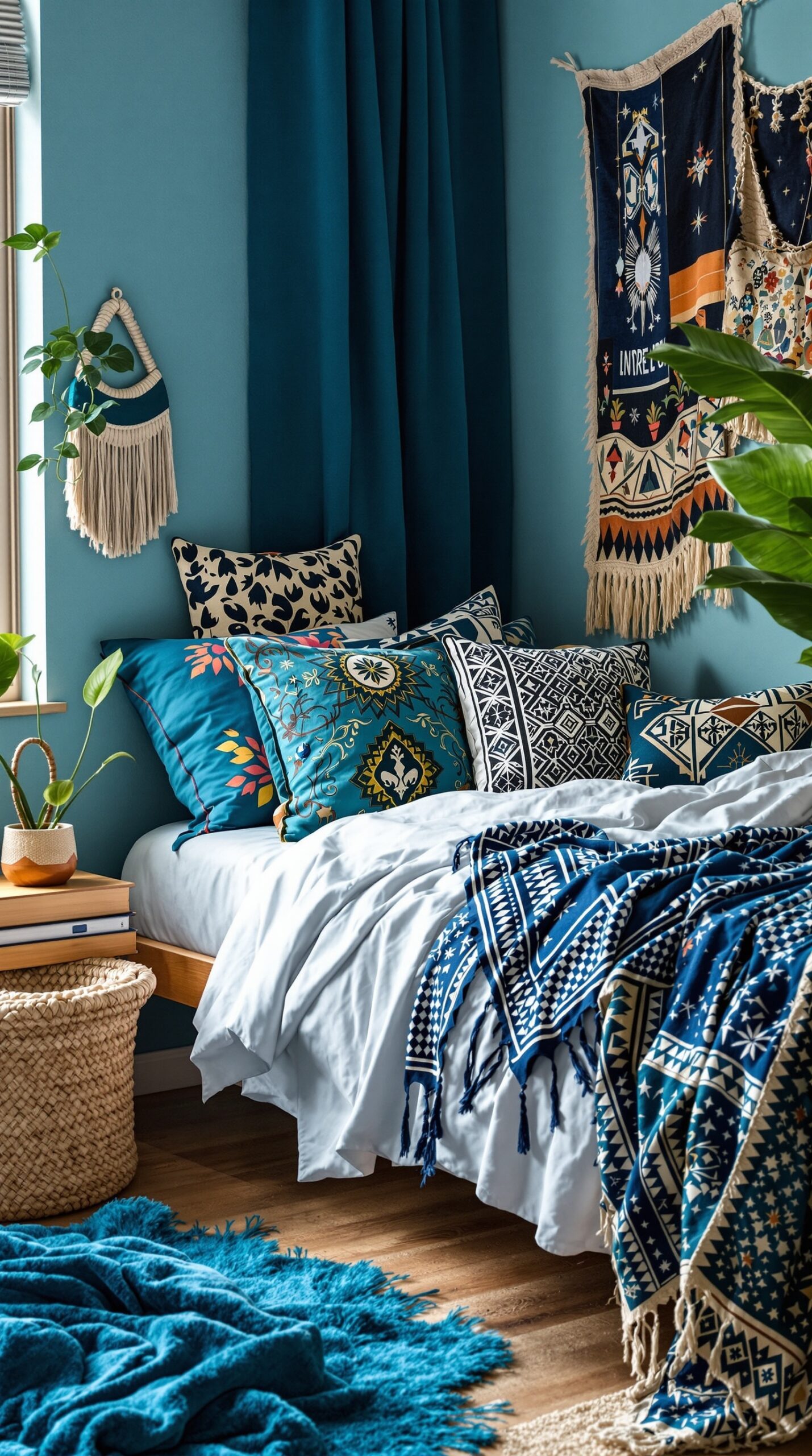 A dorm room featuring peacock blue textiles, including pillows, blankets, and a fluffy rug, creating a bohemian vibe.