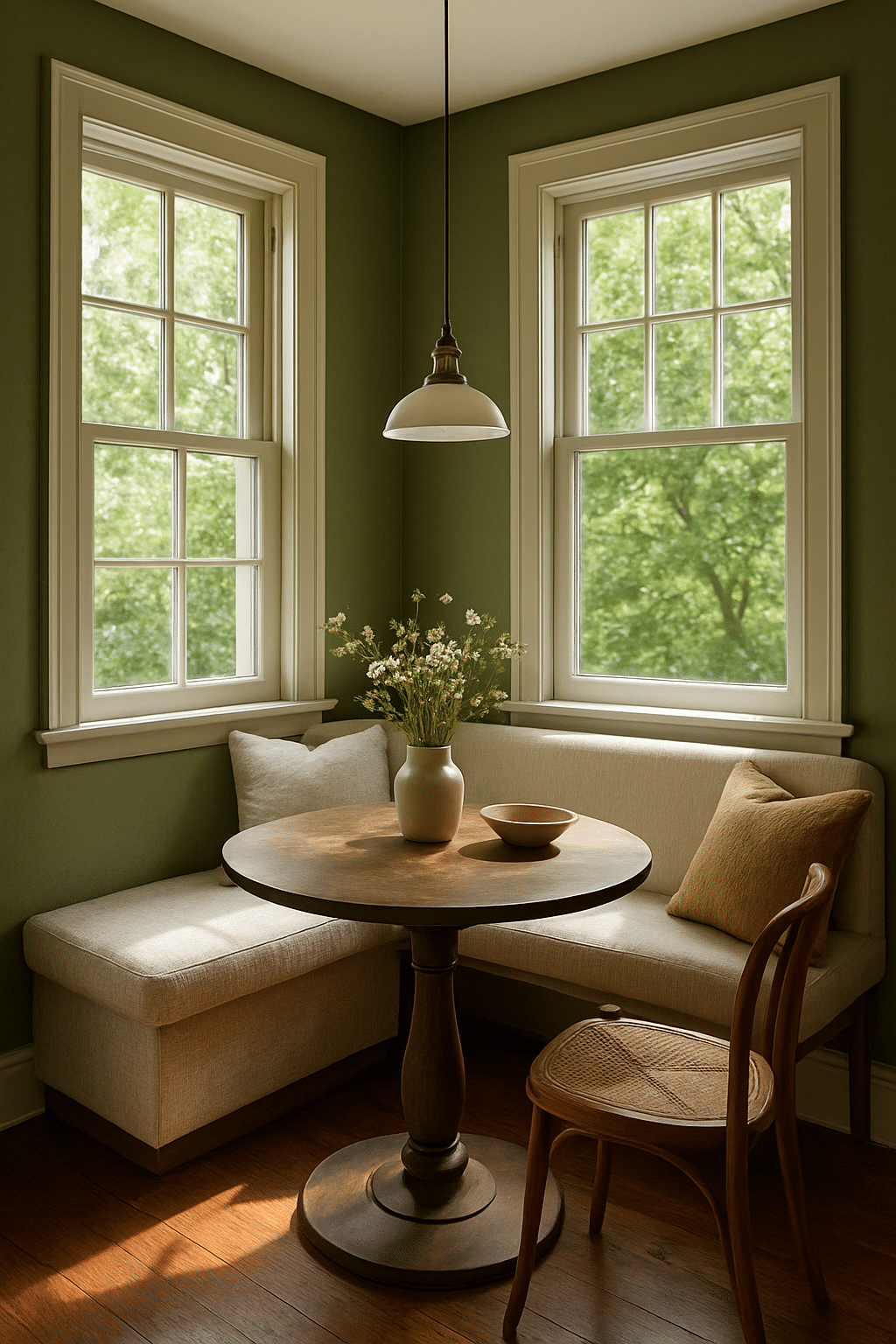 Cozy olive green dining nook with natural light, featuring a round table, corner seating, and windows with greenery outside.