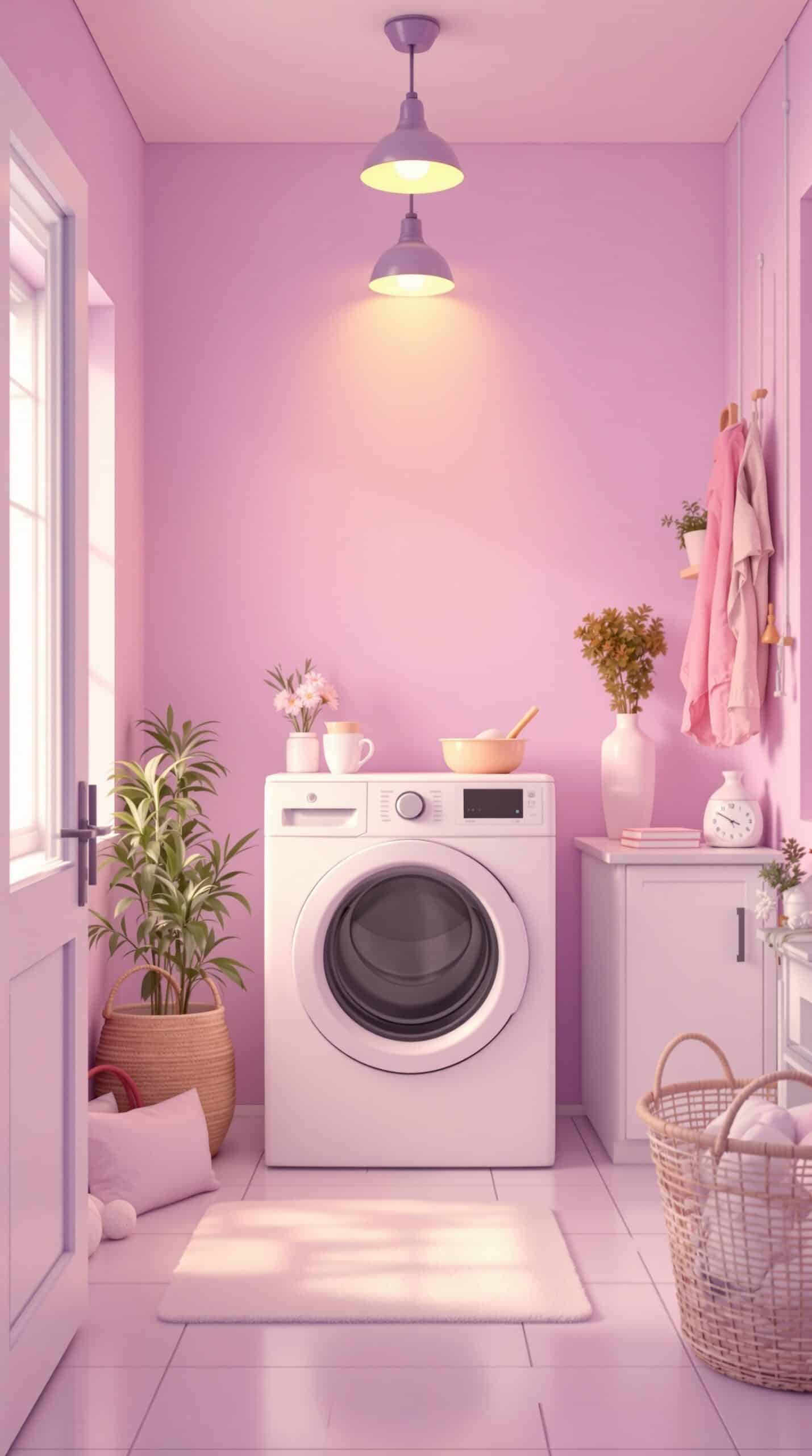 A cozy lavender laundry room with warm lighting and stylish decor.