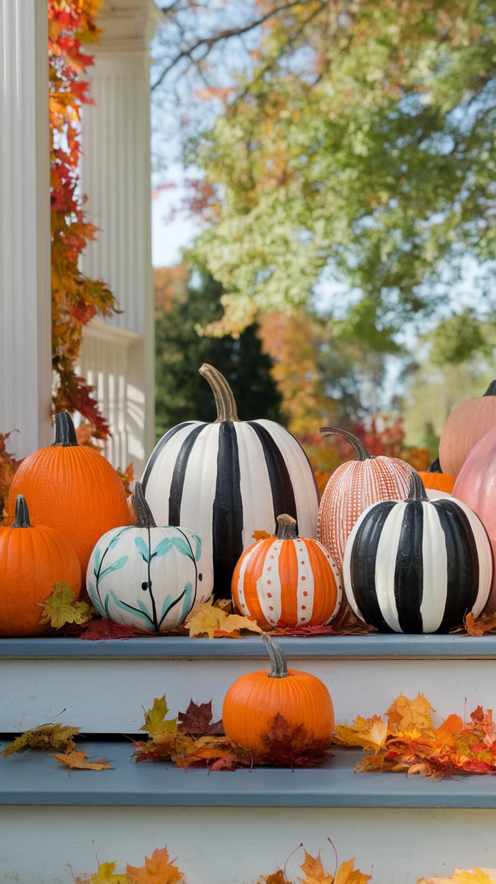 A variety of pumpkins in different colors and patterns displayed on a porch with autumn leaves.