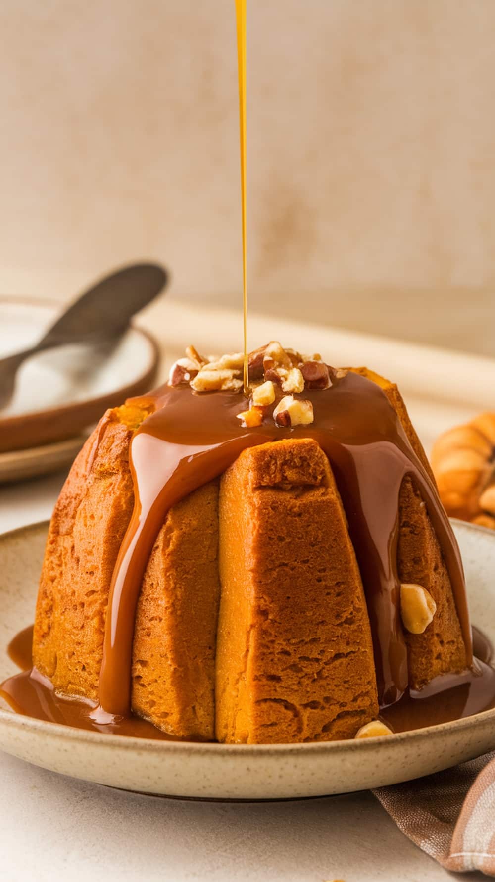 Pumpkin bread pudding drizzled with caramel sauce and topped with nuts.